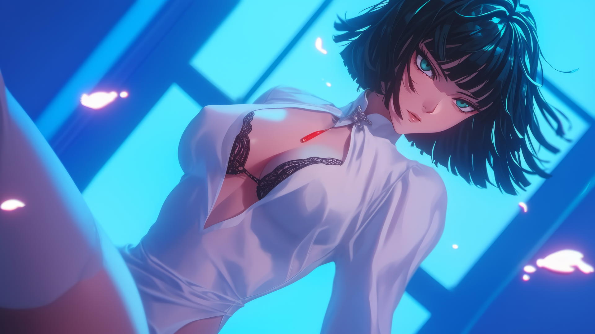 Fubuki from One Punch Man kneeling, seen from below with a hotel ceiling background