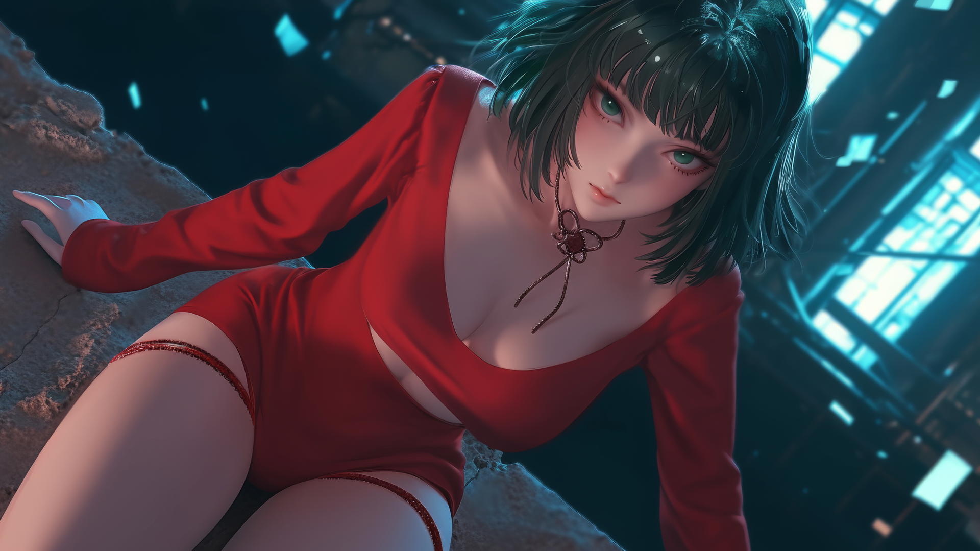 Fubuki from One Punch Man kneeling, looking down under neon-lit hotel ceiling