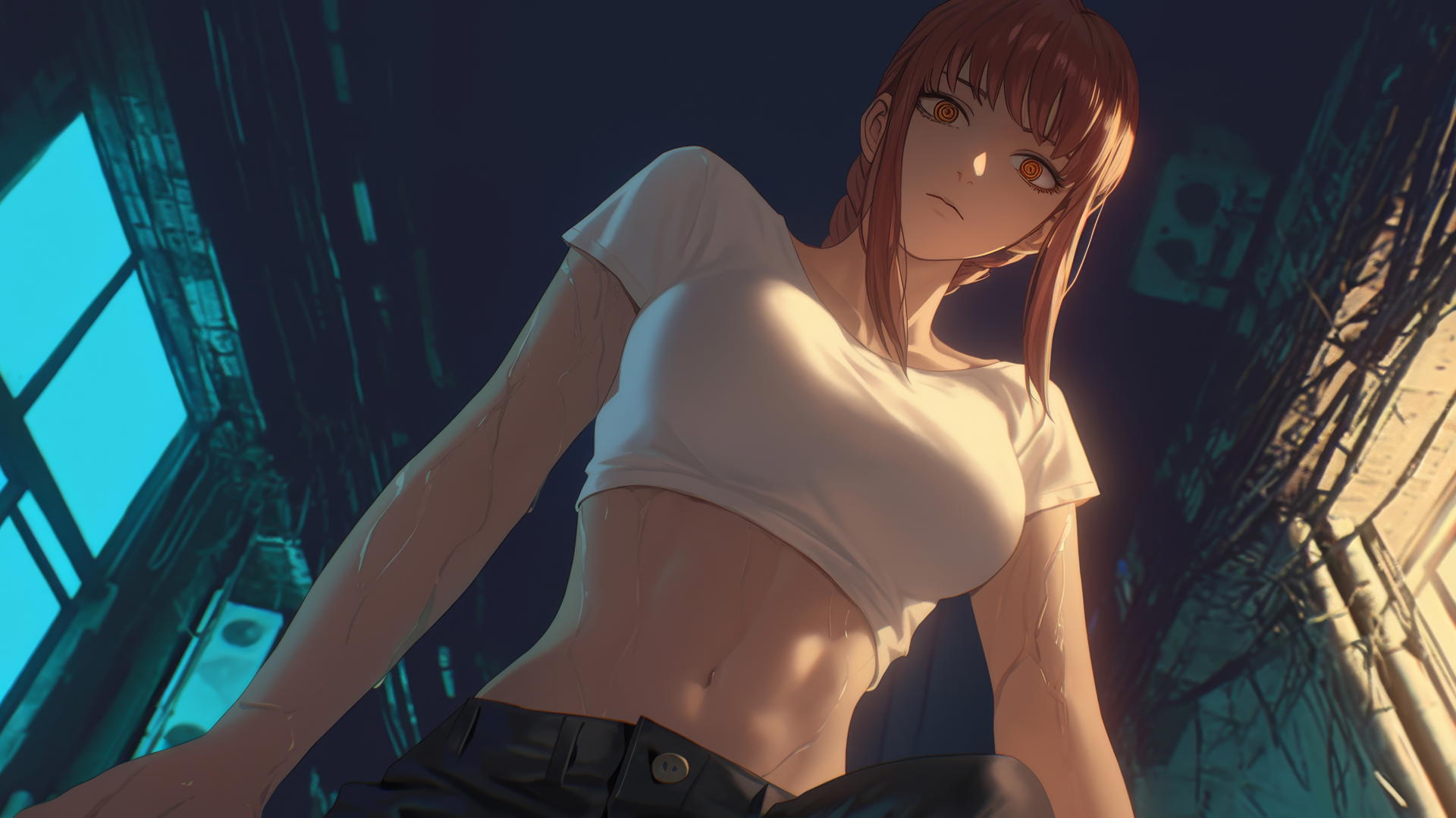 Makima from Chainsaw Man in a broken white t-shirt, kneeling and looking down under a rainy, neon-lit hotel ceiling.
