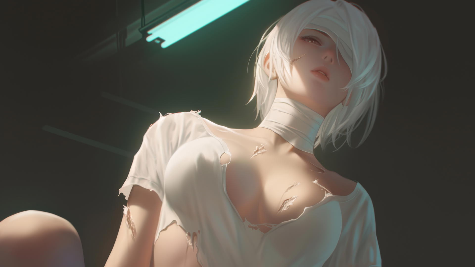 2B from Nier in a broken white t-shirt and blindfold, kneeling with hotel ceiling and neon lights in the background.
