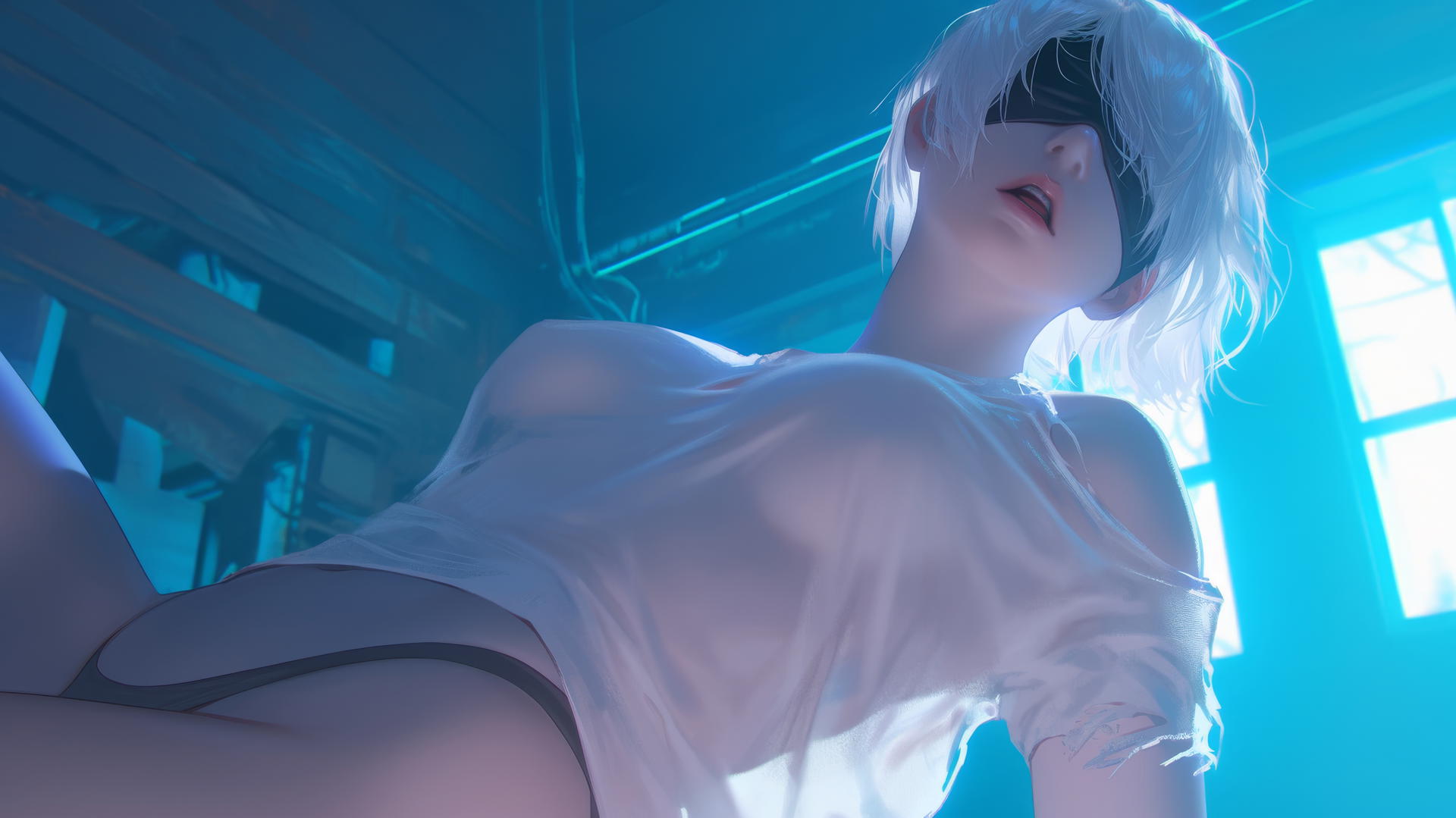 2B from Nier wearing a broken white t-shirt and standard-issue blindfold, seen from below, with a hotel ceiling and neon light background.