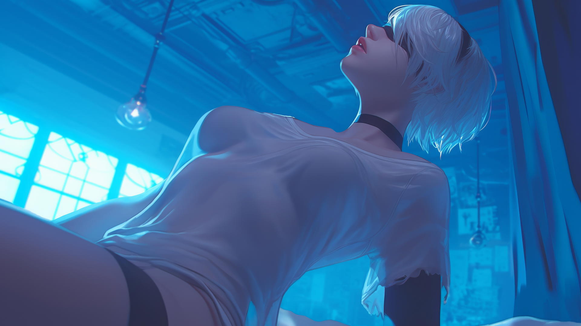 2B from Nier in a broken white t-shirt, blindfolded, howling, with neon-lit hotel ceiling background.