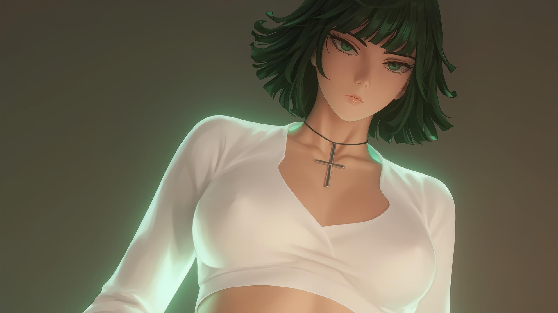 Fubuki from One Punch Man, white t-shirt, neon light, hotel ceiling, dark green bob, light green eyes