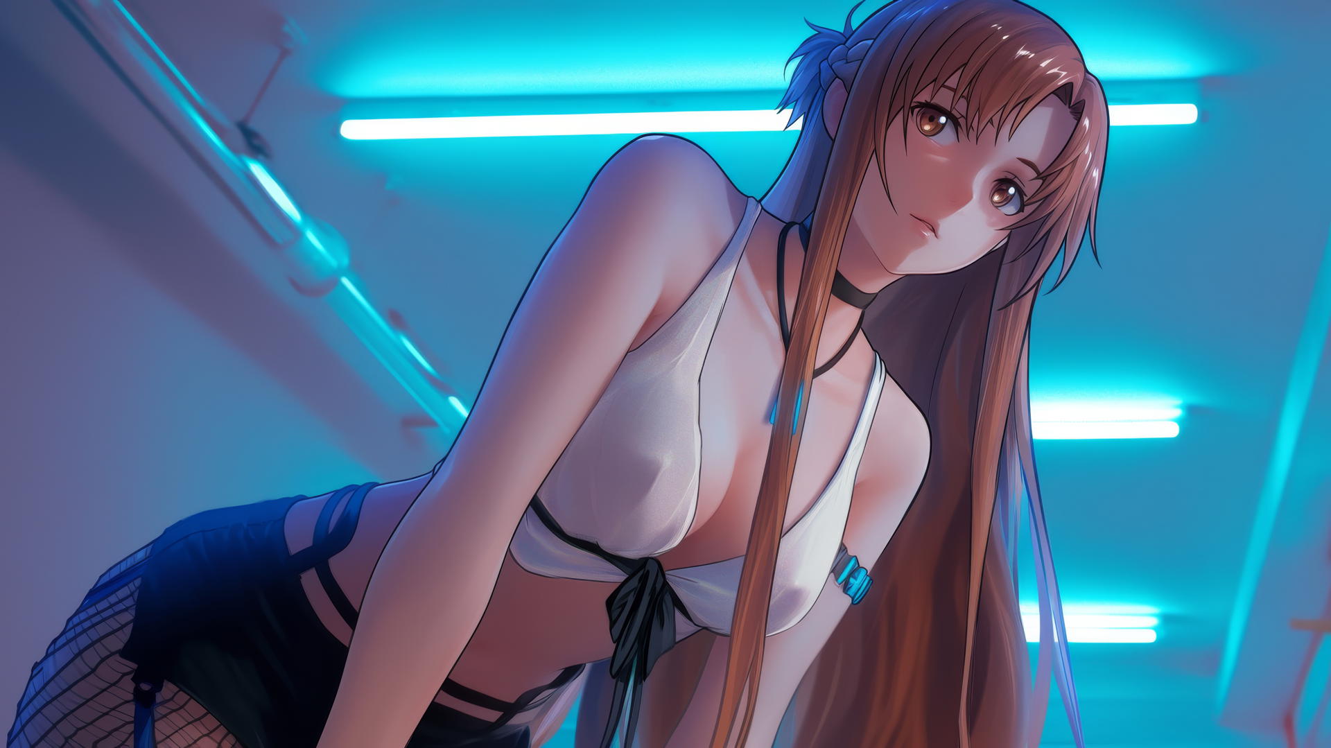 Asuna from Sword Art Online kneeling, seen from below with a hotel ceiling background, neon light glow.