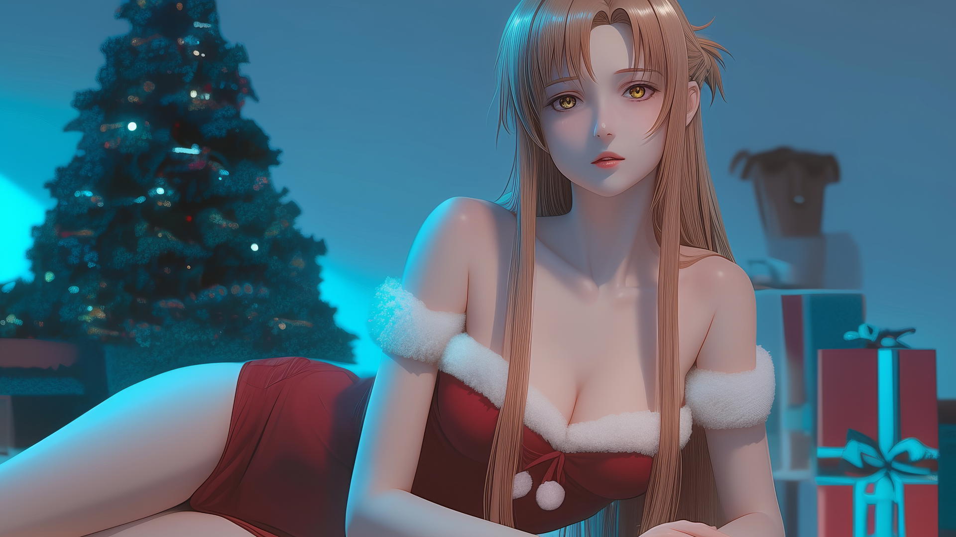 Asuna from Sword Art Online in a Christmas-themed hotel room with neon lights, strawberry blond hair, hazel eyes