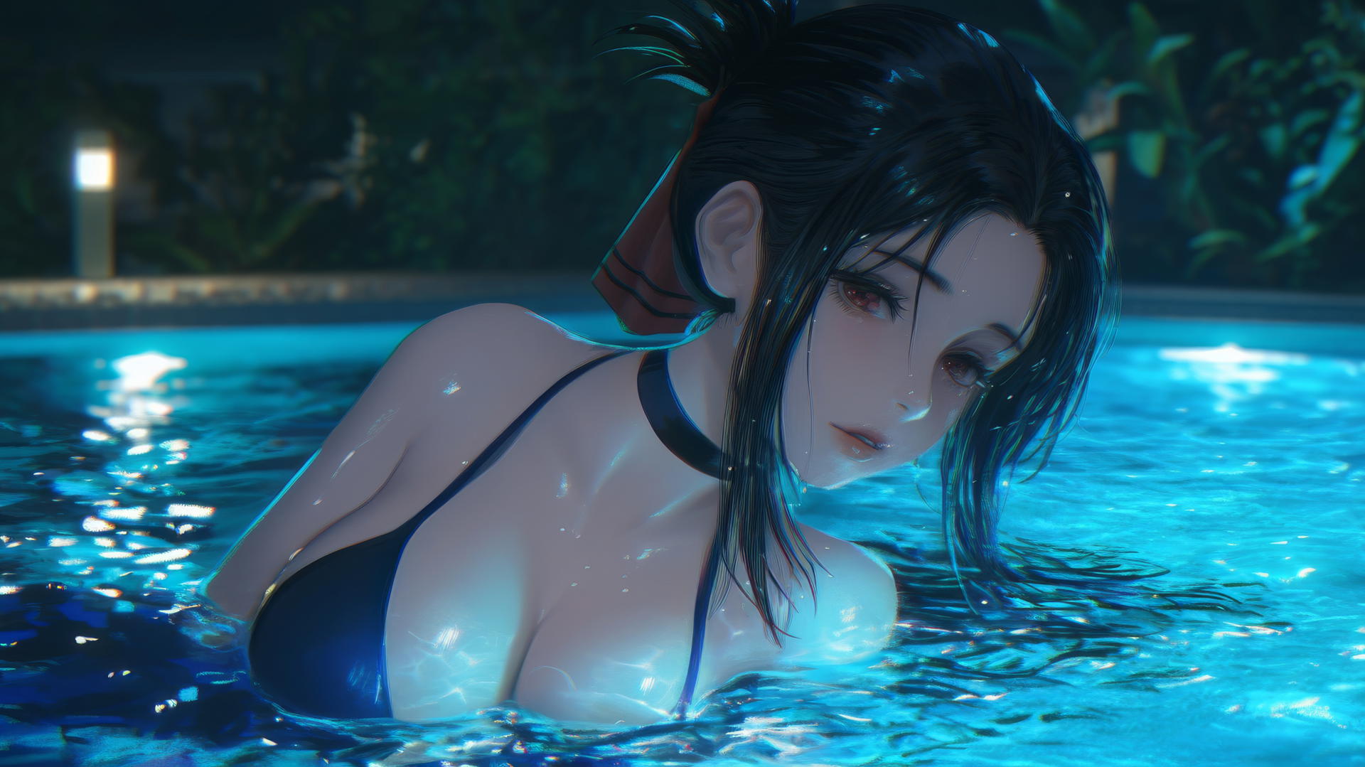 Kaguya Shinomiya relaxing by a pool under moonlight with red eyes.