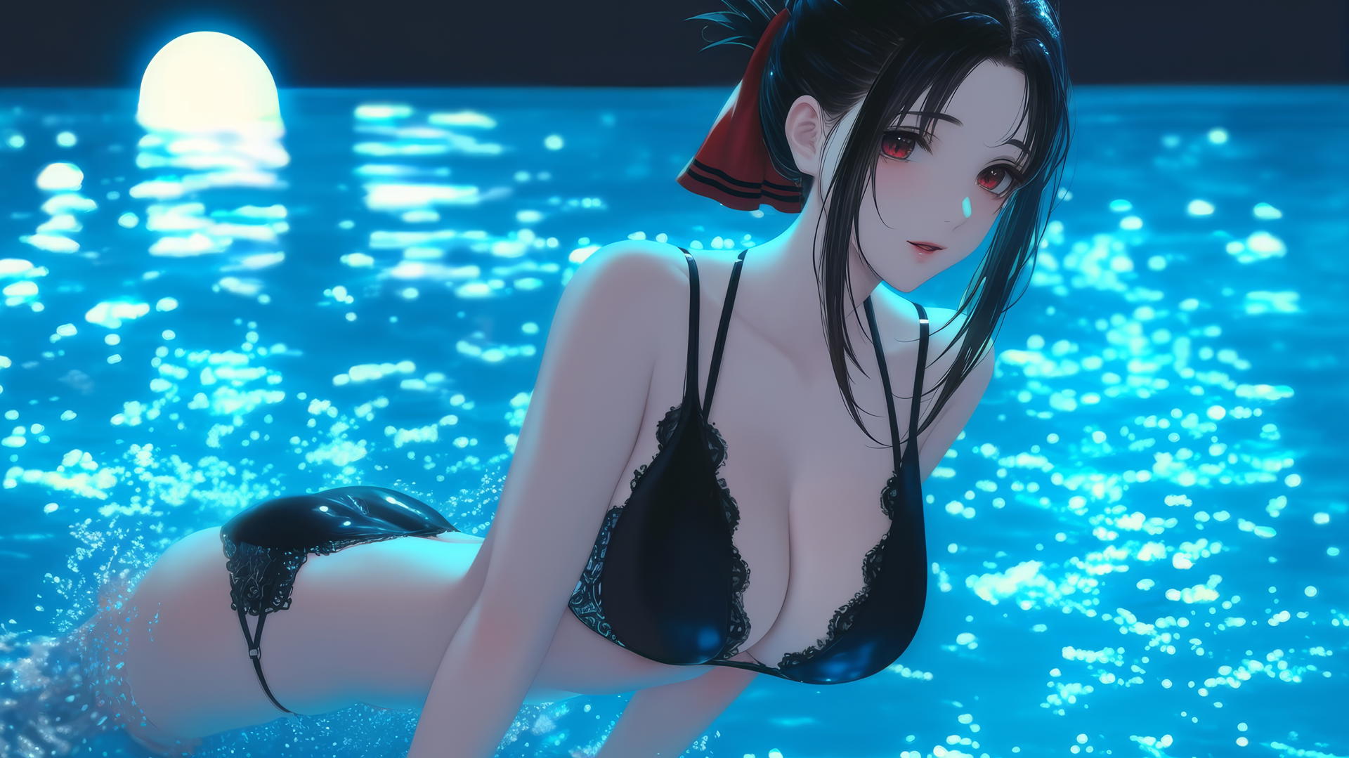 Kaguya Shinomiya jumping out of a swimming pool under moonlight with red eyes