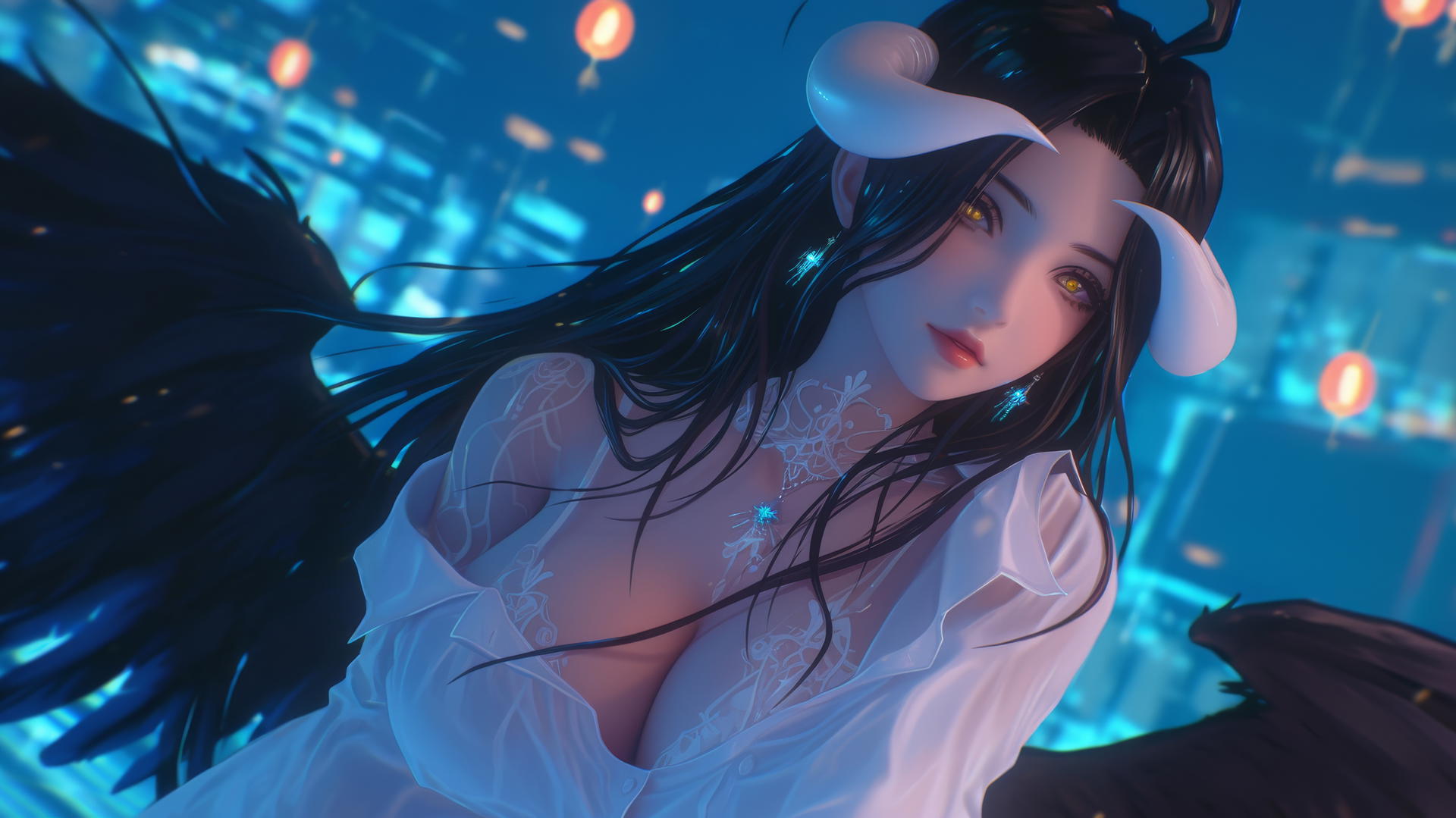 Albedo from Overlord kneeling, gazing downward with neon-lit soft glow