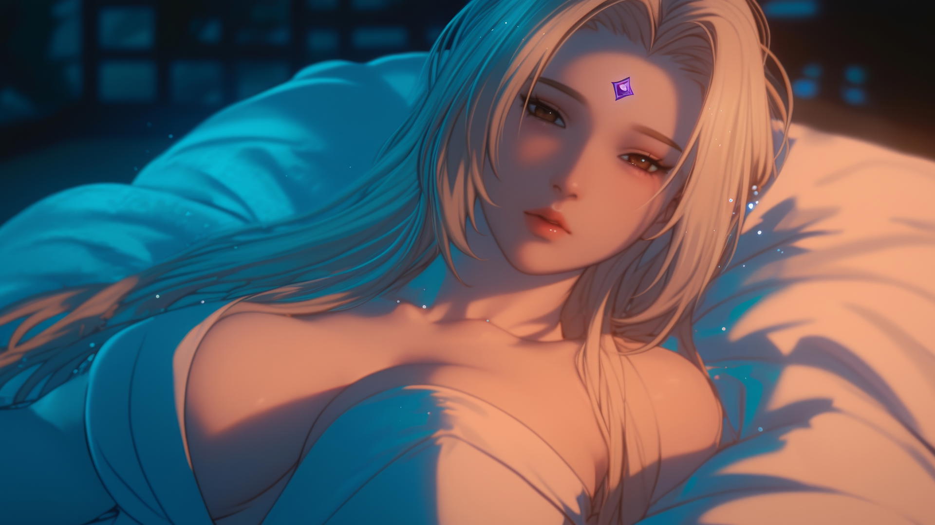 Tsunade from Naruto with a flashlight under a blanket, warm glow cast on her.