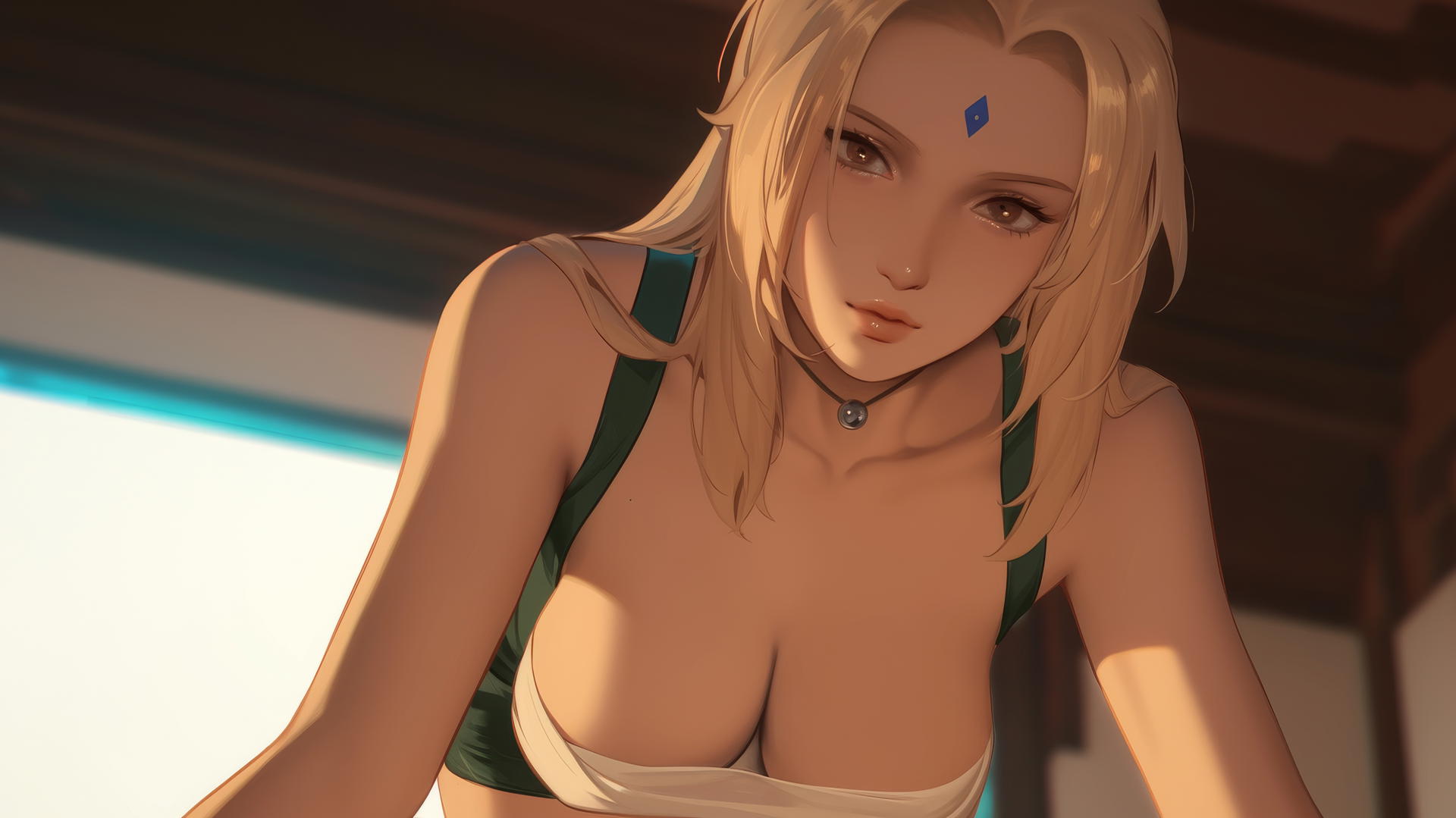 Tsunade from Naruto kneeling and leaning, seen from below with brown eyes and straight blonde hair