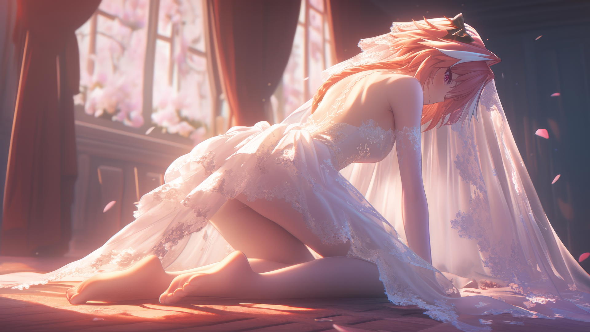 Astolfo from Type Moon in a wedding dress, kneeling and leaning forward, seen from below.