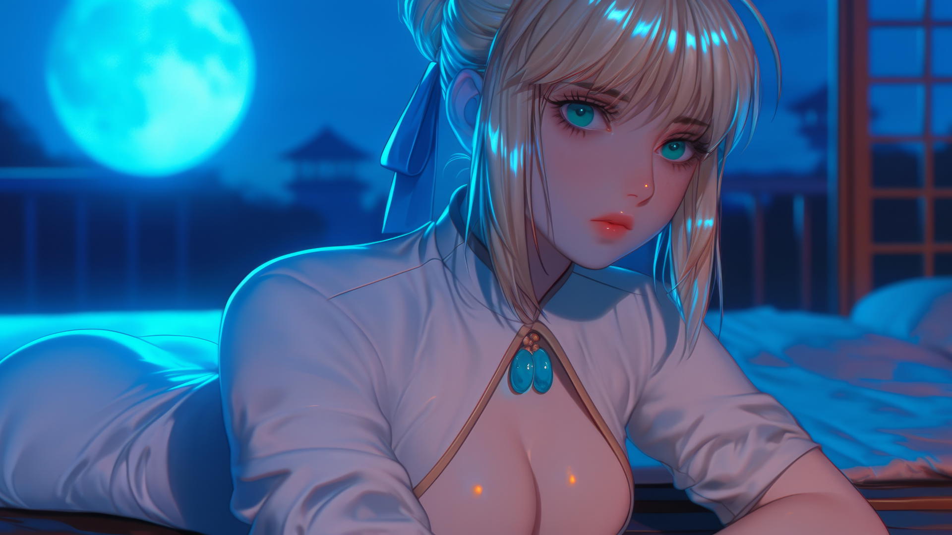 Saber from Fate Zero with green eyes resting in a modern hotel room, moonlight glow.