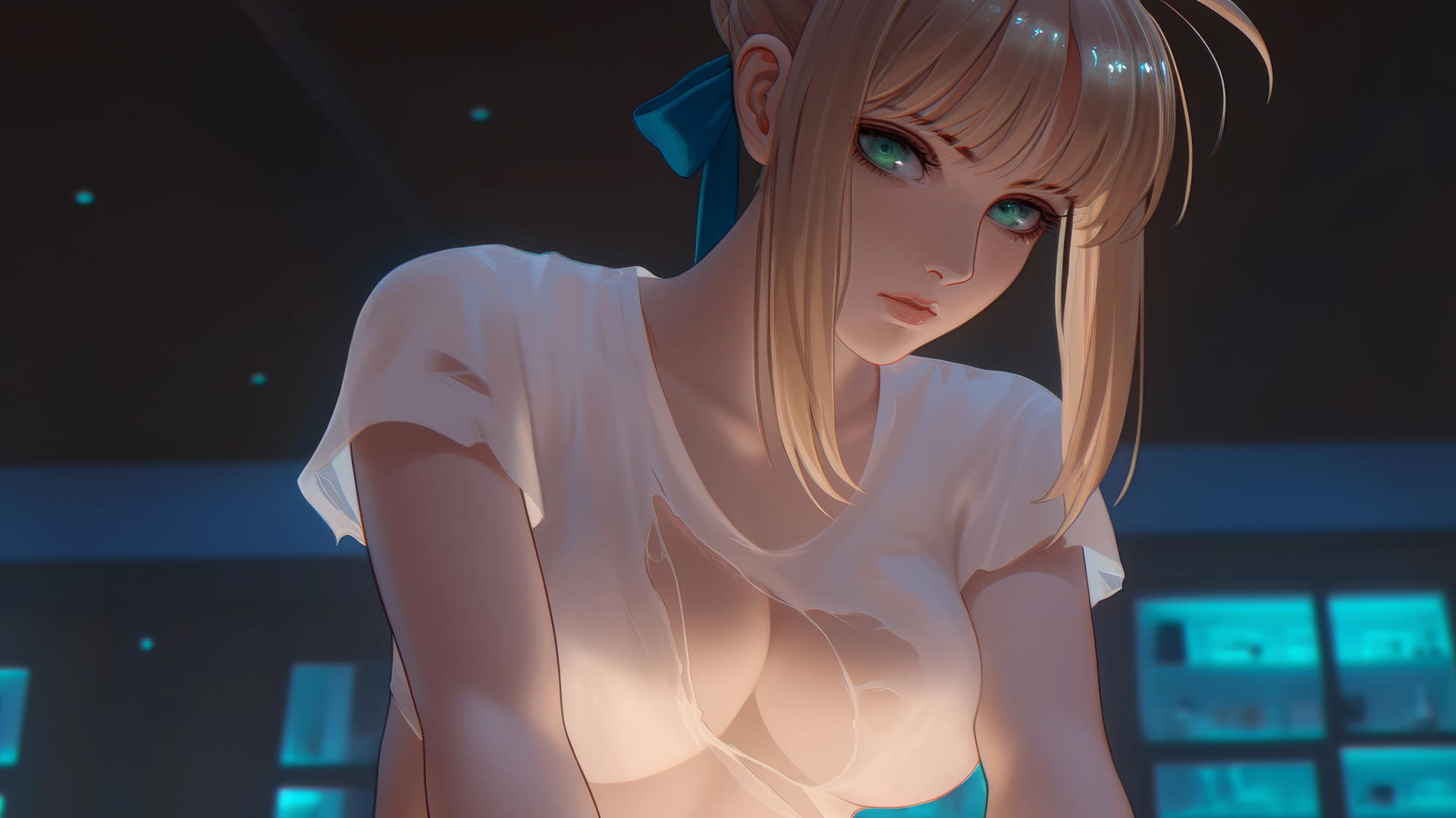 Saber from Fate Zero kneeling and looking down, warm light, ceiling background
