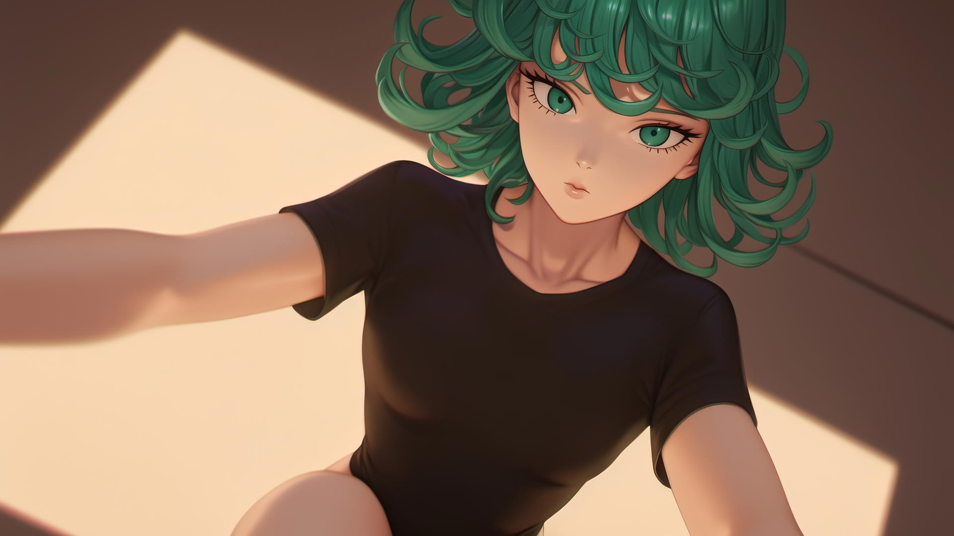 Tatsumaki from One-Punch Man, kneeling and leaning forward, with emerald green eyes and hair, against a ceiling background.