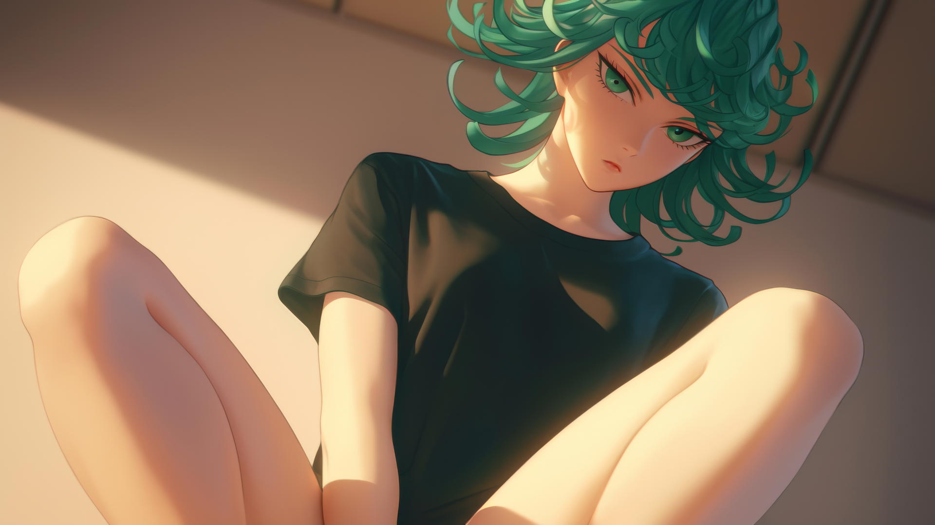 Tatsumaki from One-Punch Man, kneeling and leaning with green eyes and hair, ceiling background