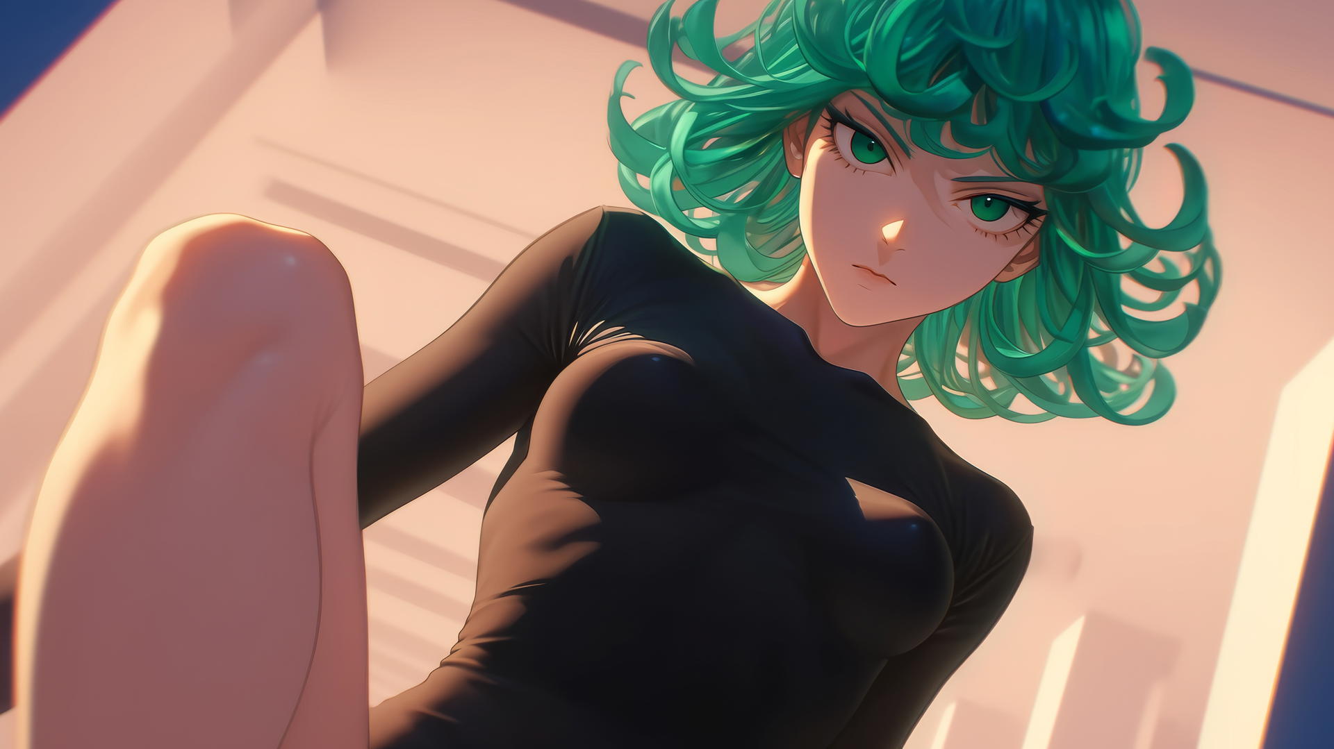 Tatsumaki from One-Punch Man with emerald green eyes and hair, kneeling and leaning forward.