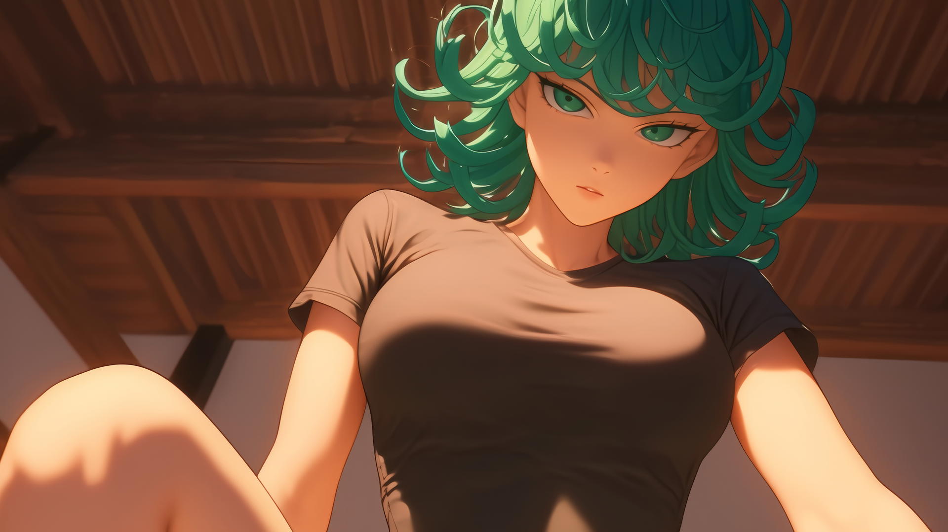 Tatsumaki from One-Punch Man kneeling and leaning forward with emerald green hair and eyes