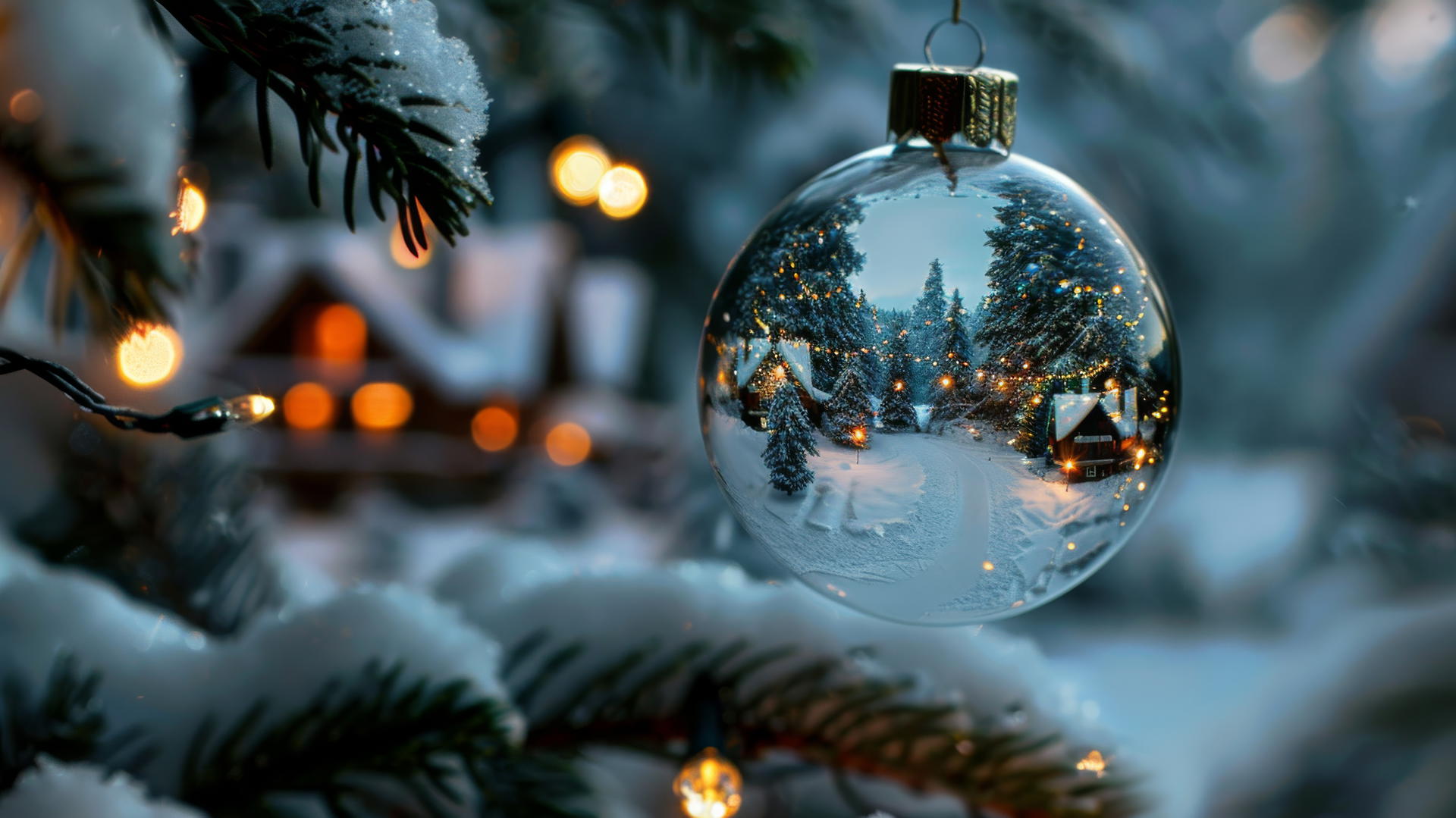 Glass Christmas balls hanging on tree, contain snow-covered villages with glowing houses, trees, lake.
