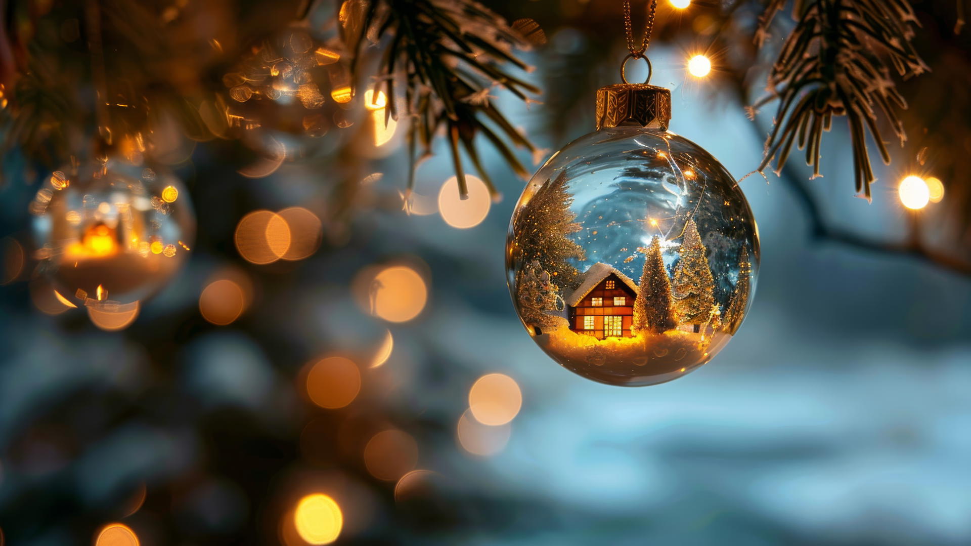 Glass Christmas balls with snow-covered villages hanging on a Christmas tree