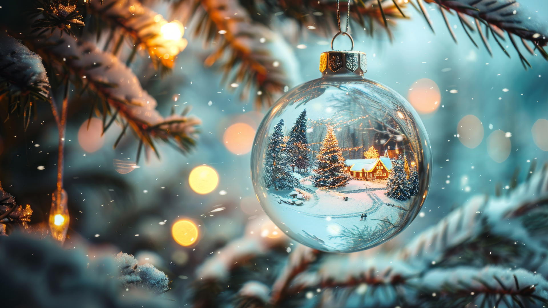 Glass Christmas balls on tree with snow-covered villages inside them
