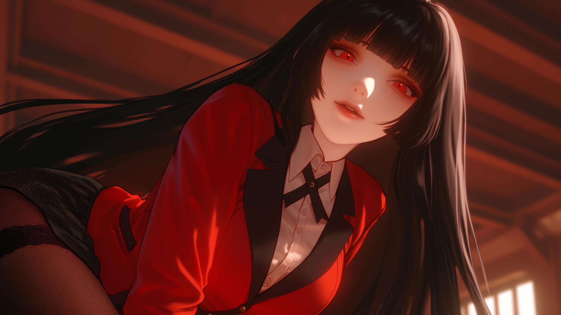 Yumeko Jabami kneeling and leaning, hime-cut black hair, red eyes, warm light.