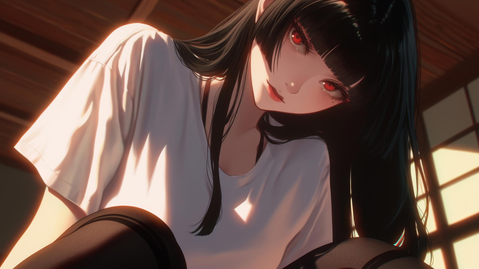 Yumeko Jabami in white t-shirt with thick black hime-cut hair and red eyes, kneeling and leaning down, warm light from ceiling.