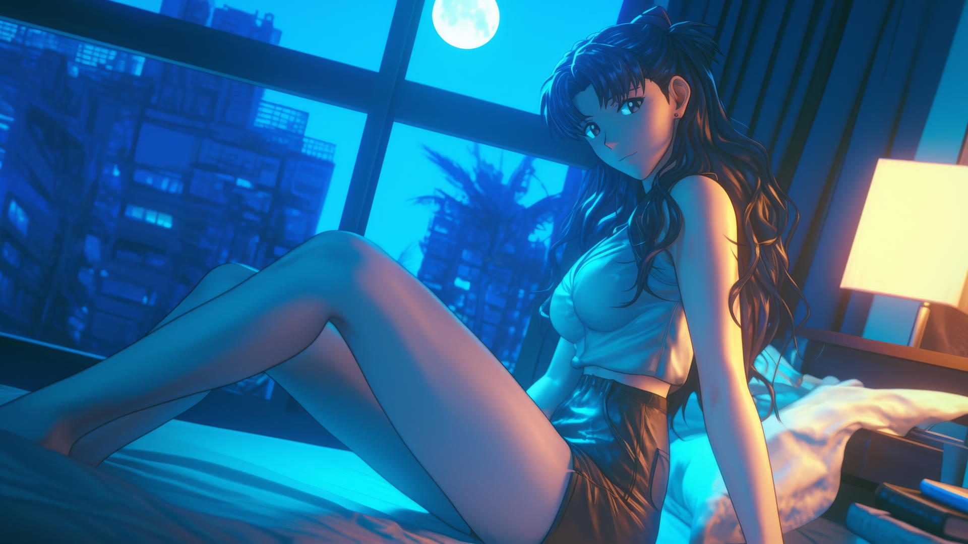 Misato Katsuragi from Neon Genesis Evangelion resting in a modern hotel room bathed in moonlight.