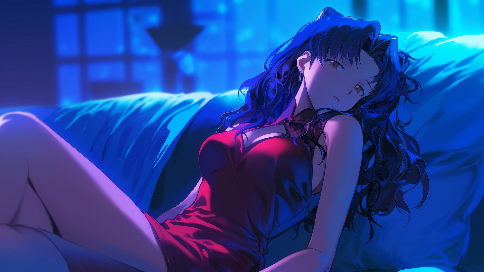 Misato Katsuragi with long dark violet hair, resting in a moonlit hotel room