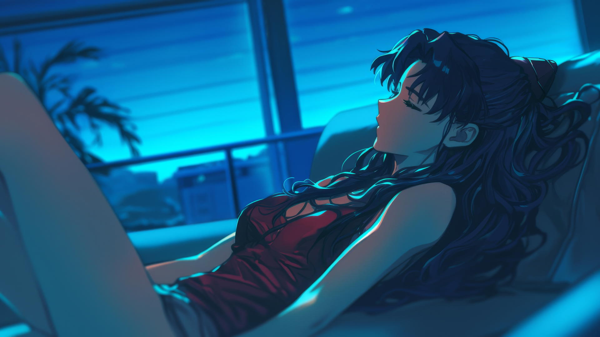 Misato Katsuragi with wavy dark violet hair rests in a modern hotel room under moonlight.