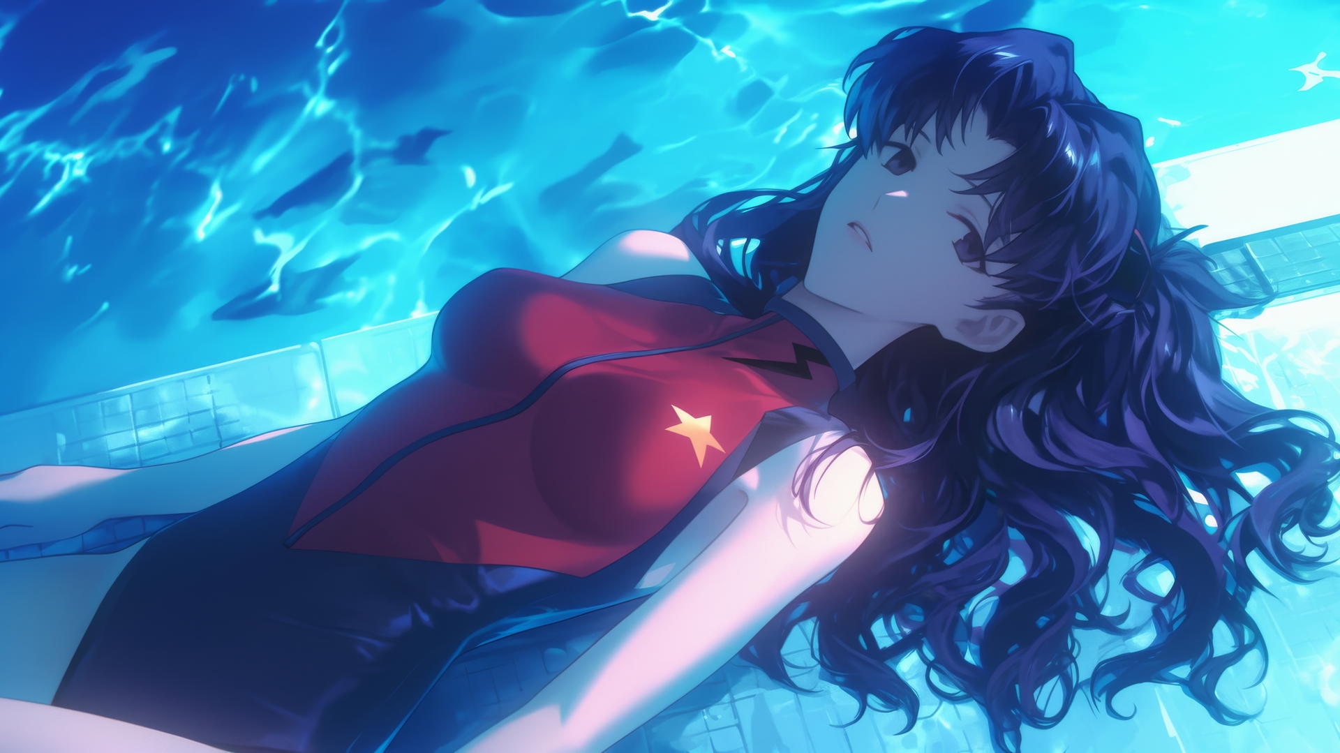 Misato Katsuragi relaxing by a swimming pool under moonlight