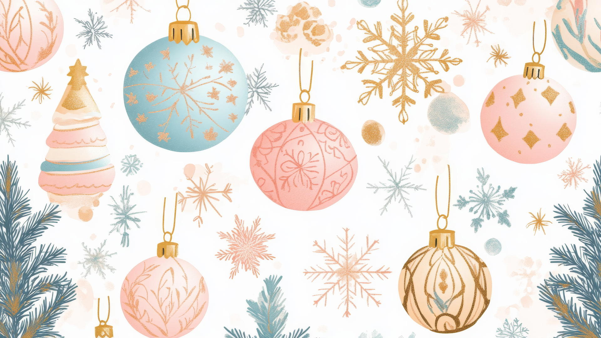 cute preppy Christmas wallpaper with pastel pink, blue, and gold ornaments and snowflakes on white background
