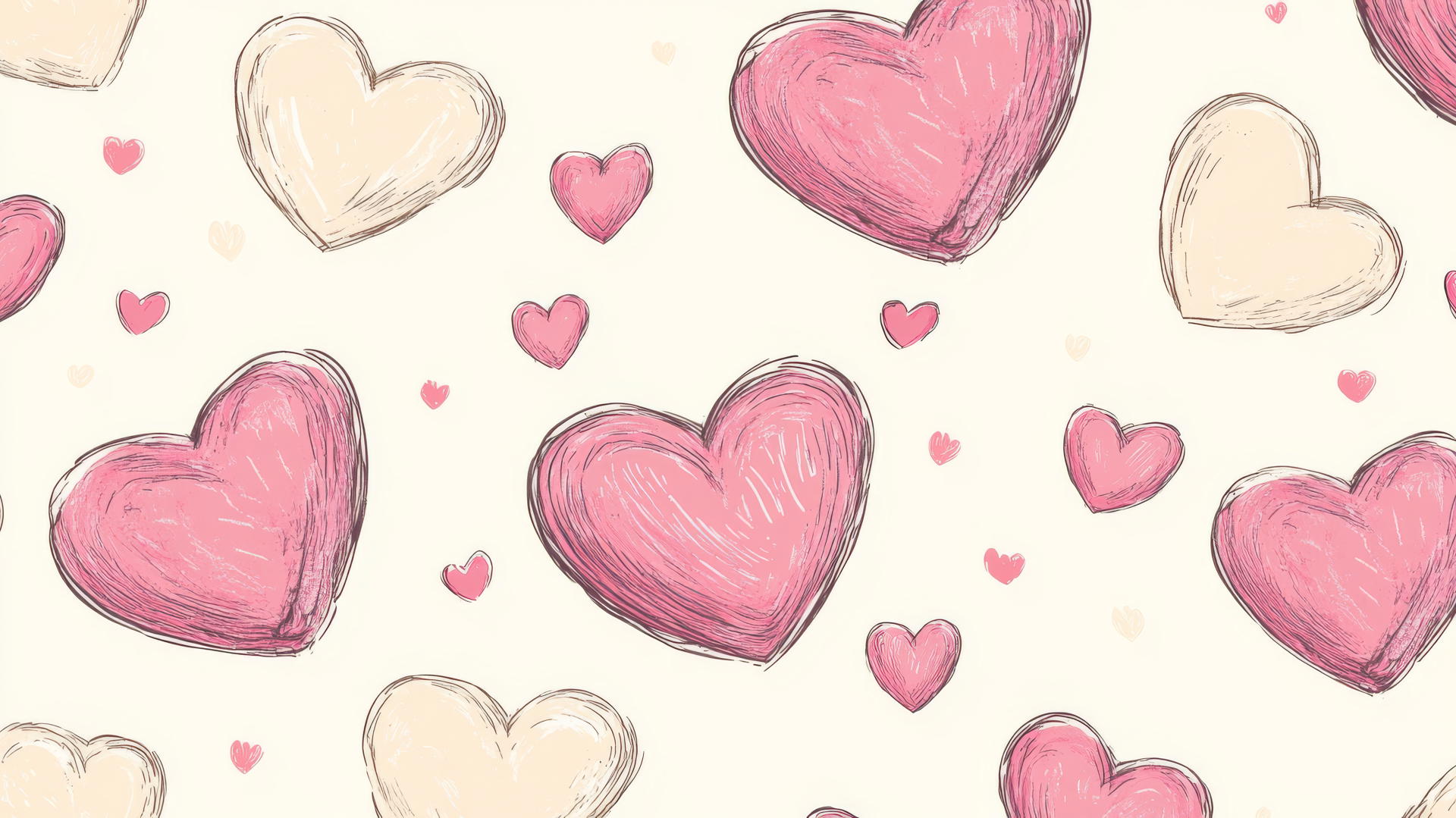 seamless pattern of pink hearts on cream background with hand-drawn details, preppy wallpaper