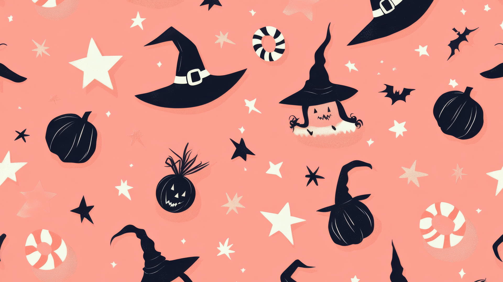 halloween wallpaper preppy with witches, candy canes, and stars on a pastel coral background