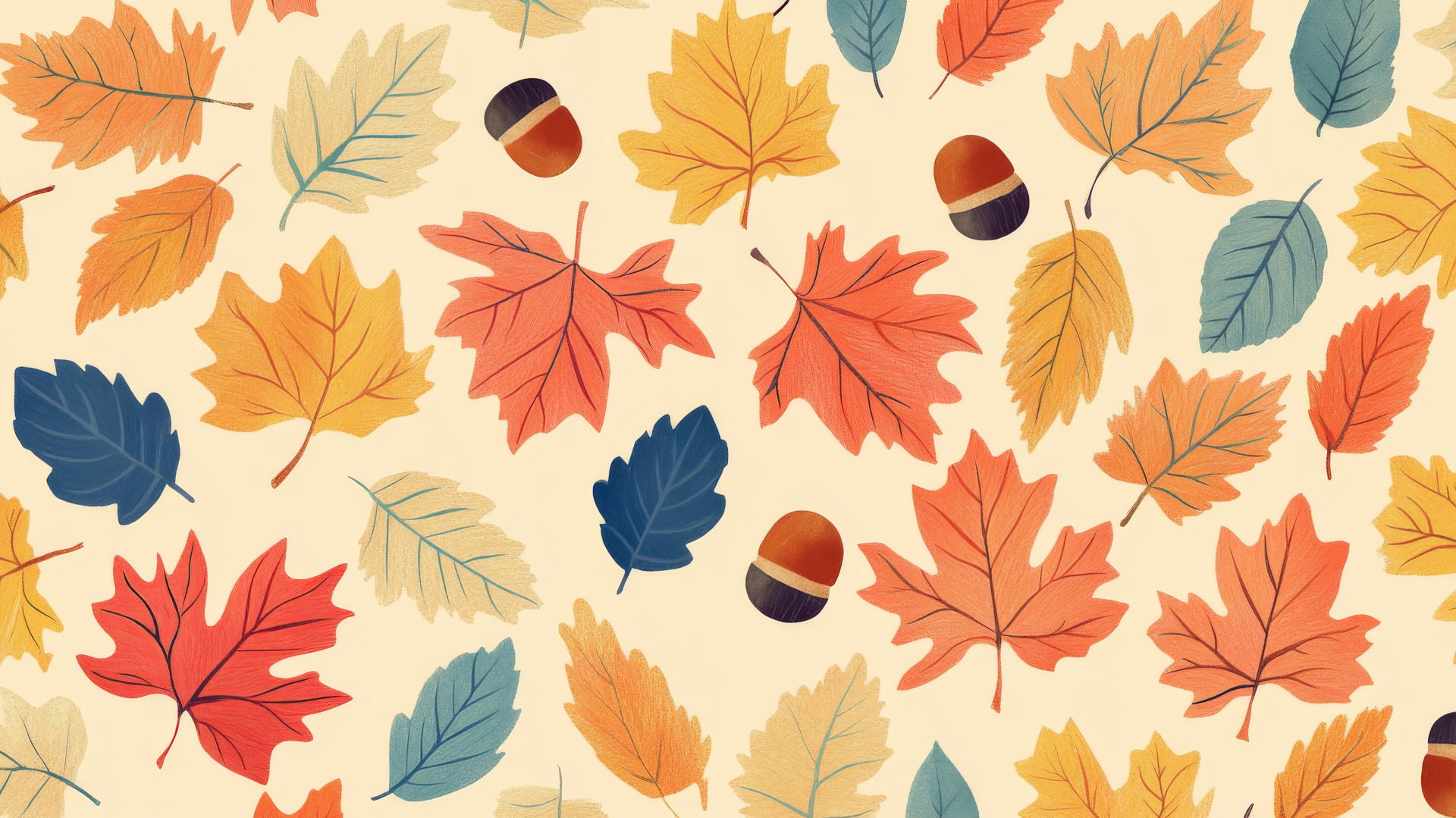 preppy autumn wallpaper with colorful leaves, acorns, and plaid accents on light orange