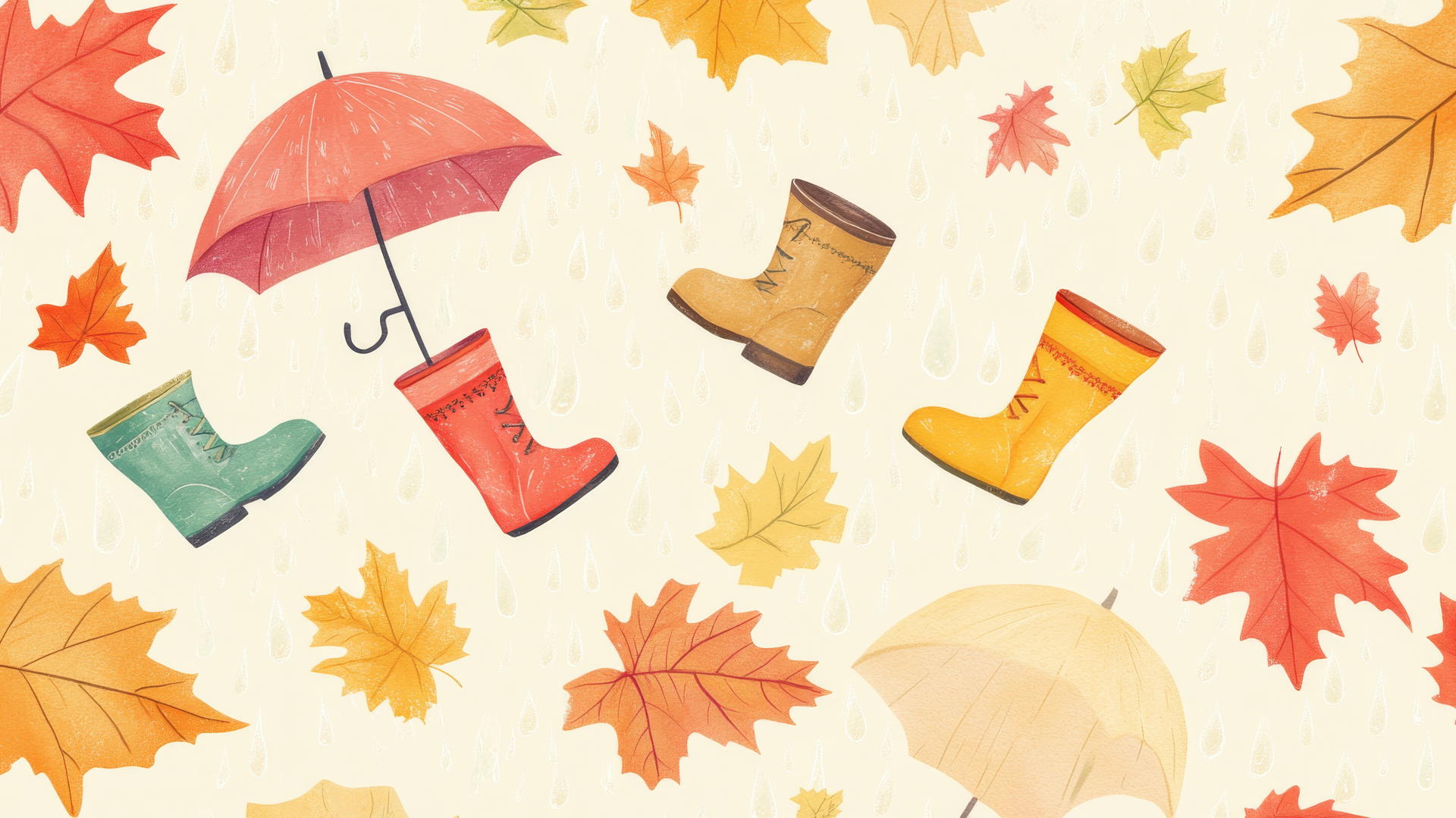 preppy fall wallpaper with cute rain boots, umbrellas, and falling leaves on light yellow