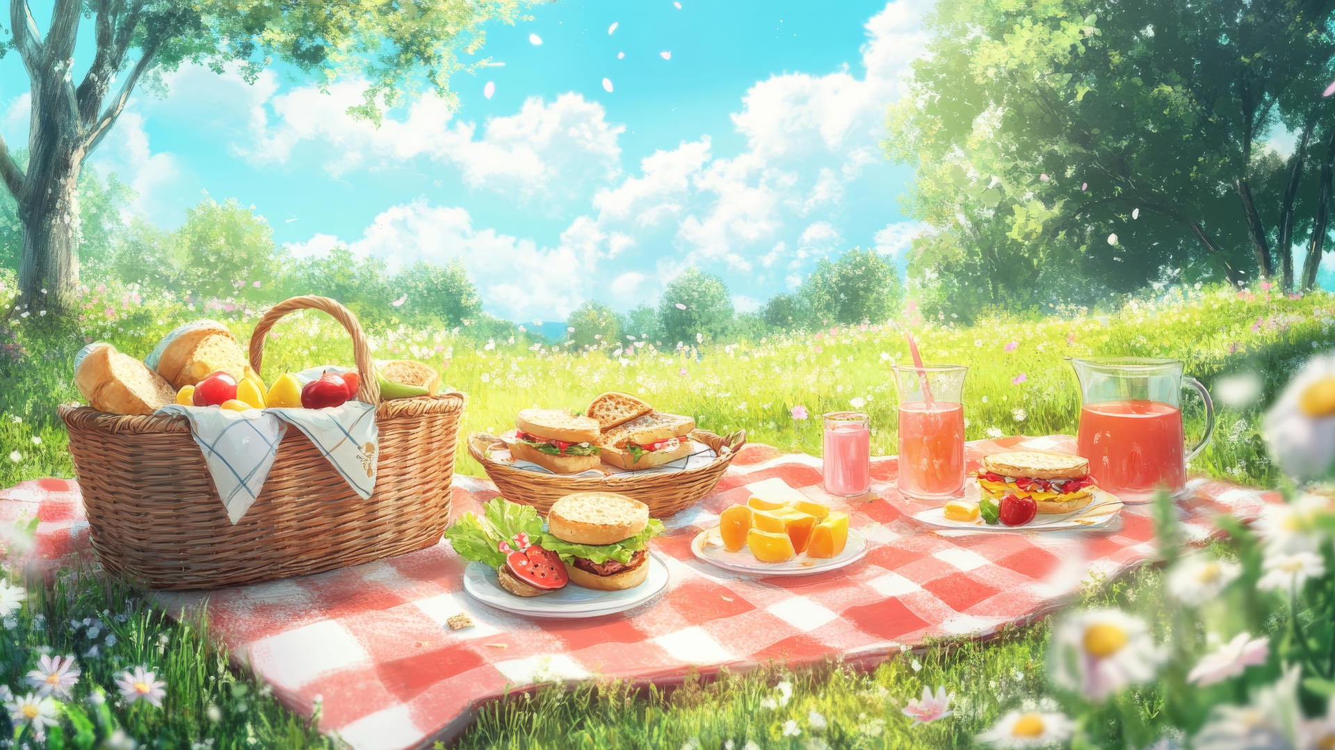 cute wallpapers aesthetic featuring picnic scene in sunny meadow