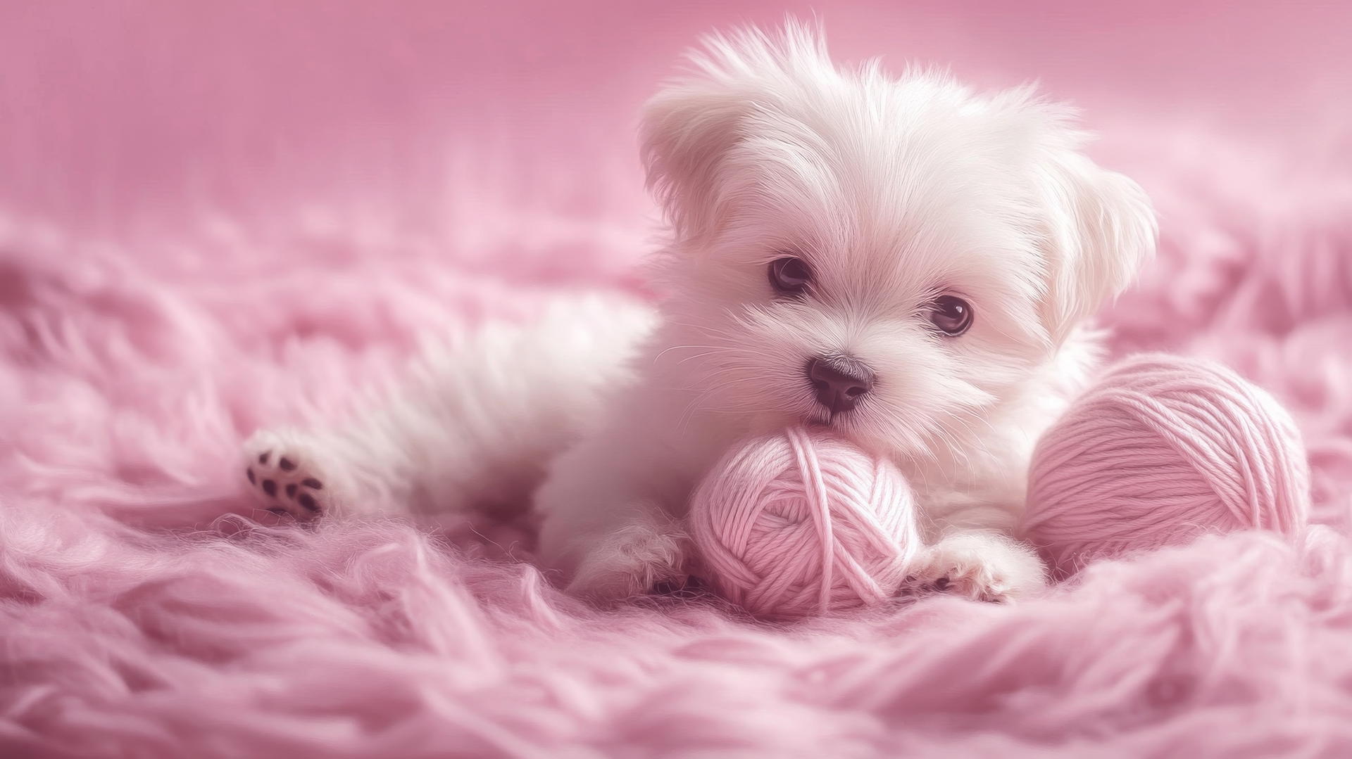 pink cute puppy playing with yarn on pastel pink background