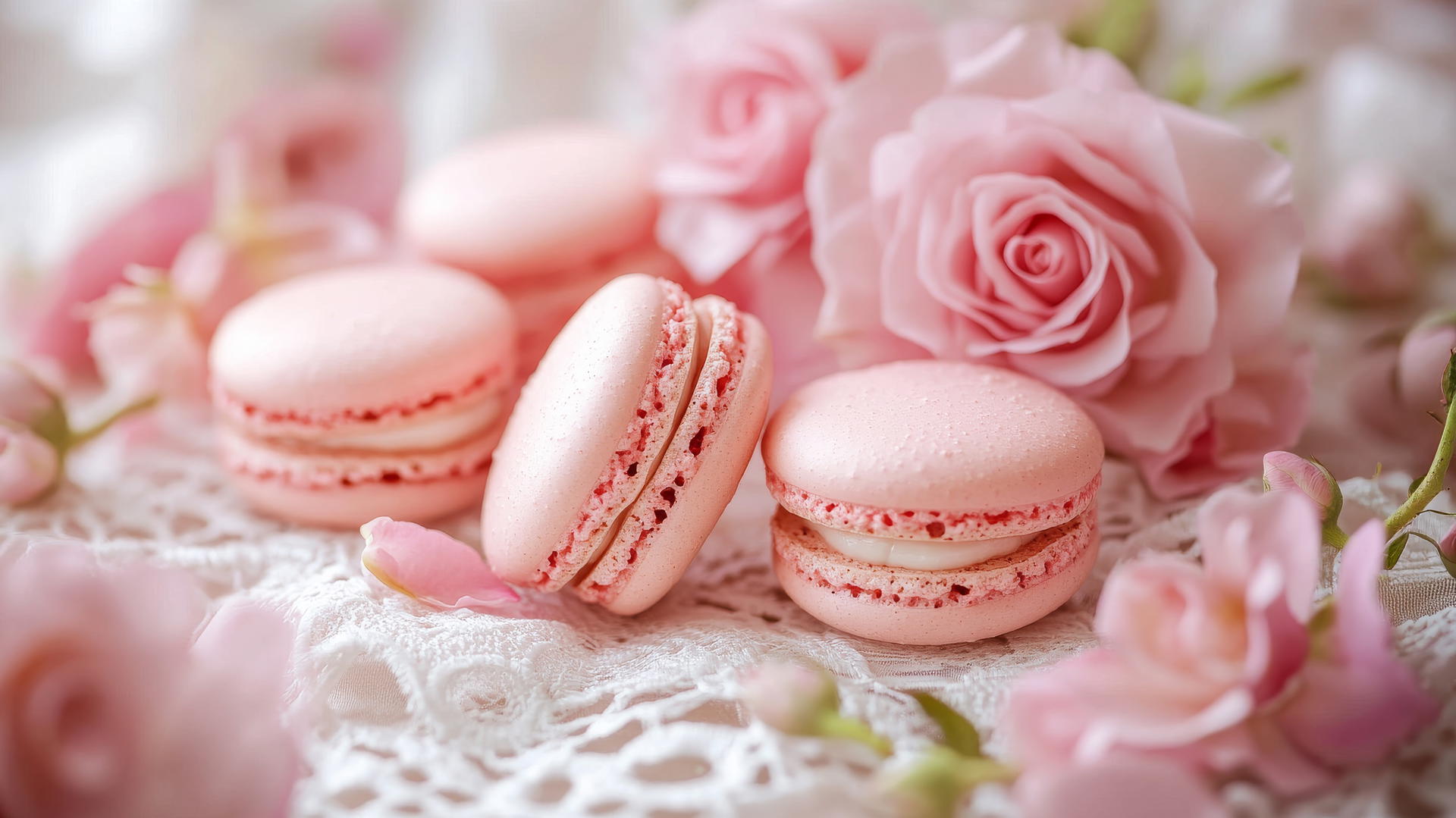 pink wallpaper aesthetic with pink macaroons and roses on white lace tablecloth