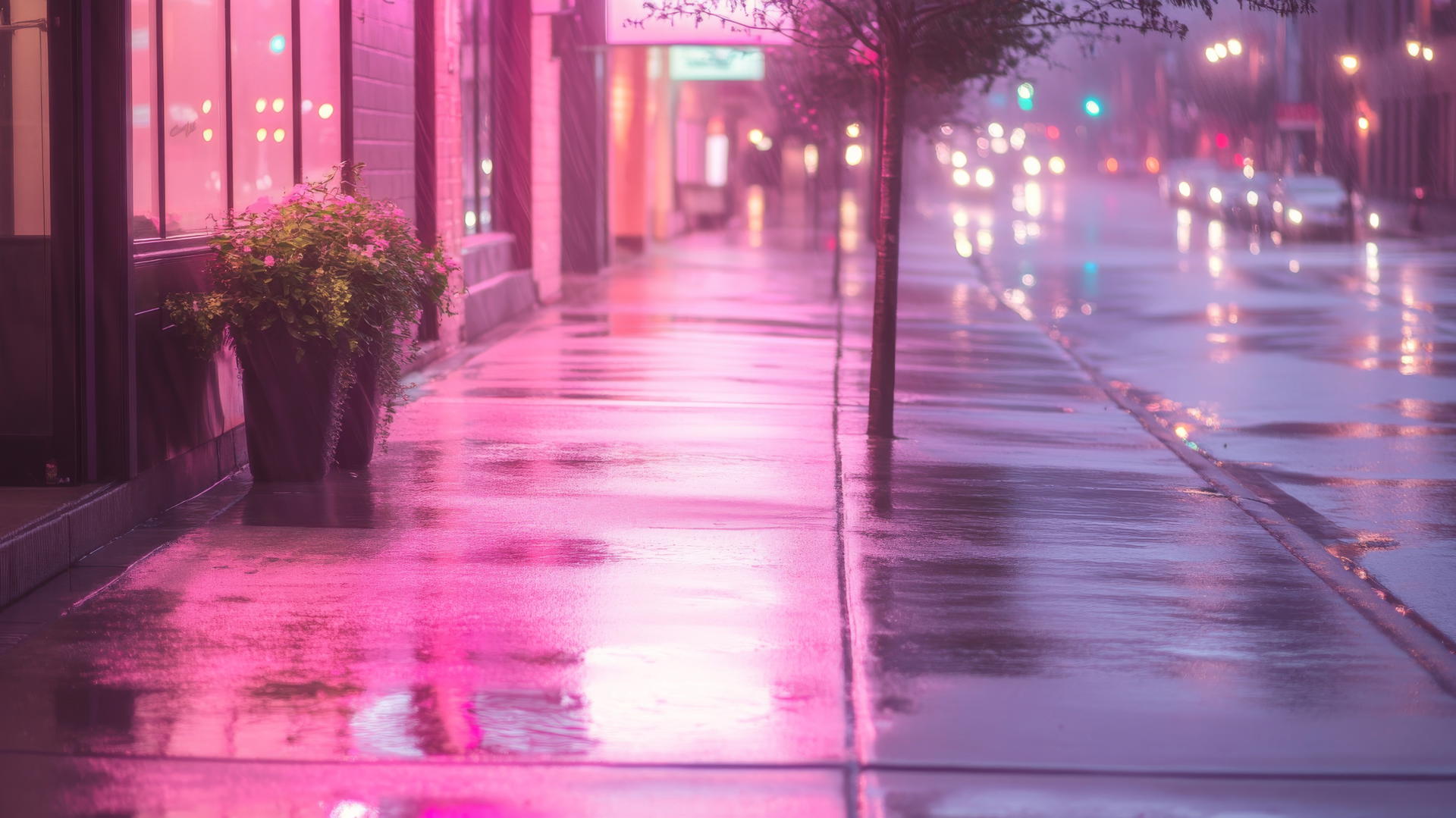 aesthetic pink wallpaper of pastel pink urban street scene at dawn with wet pavement