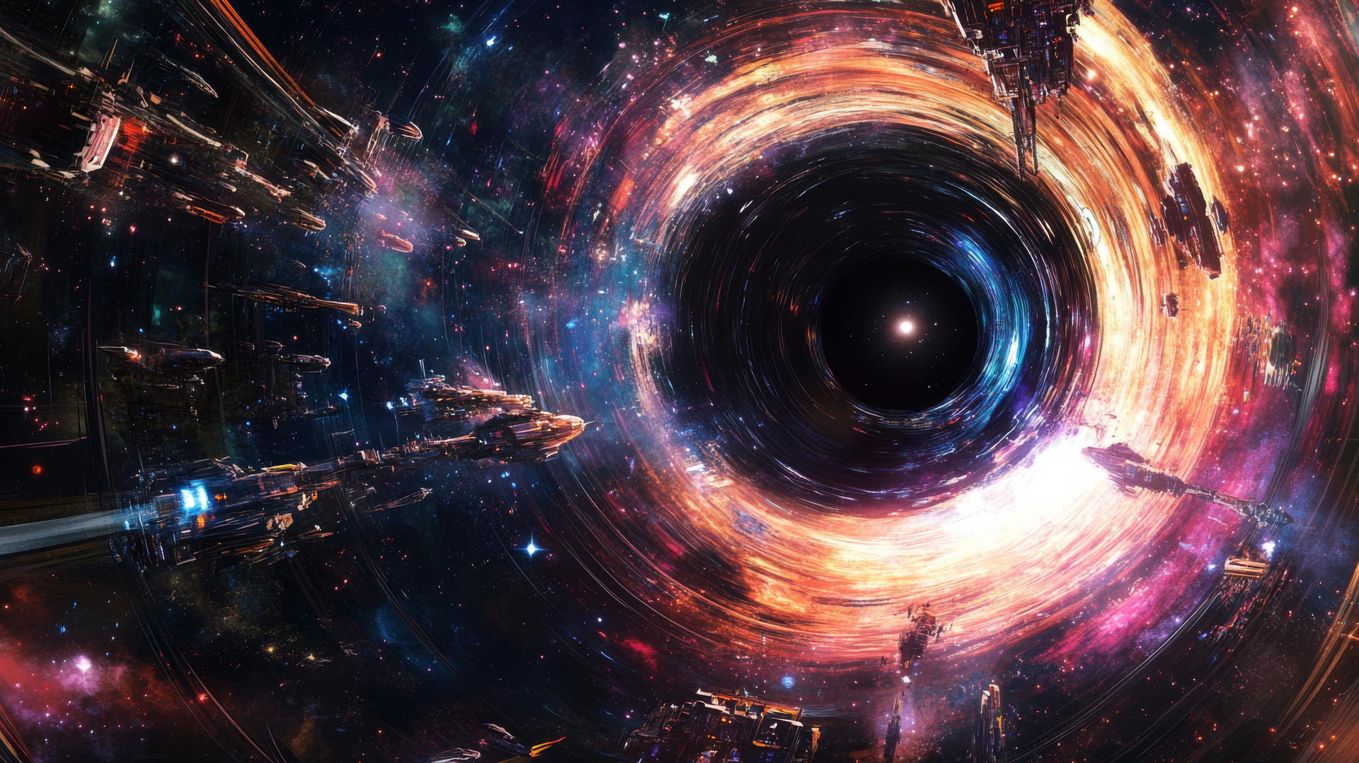 Futuristic black hole wallpaper with starships and advanced technology