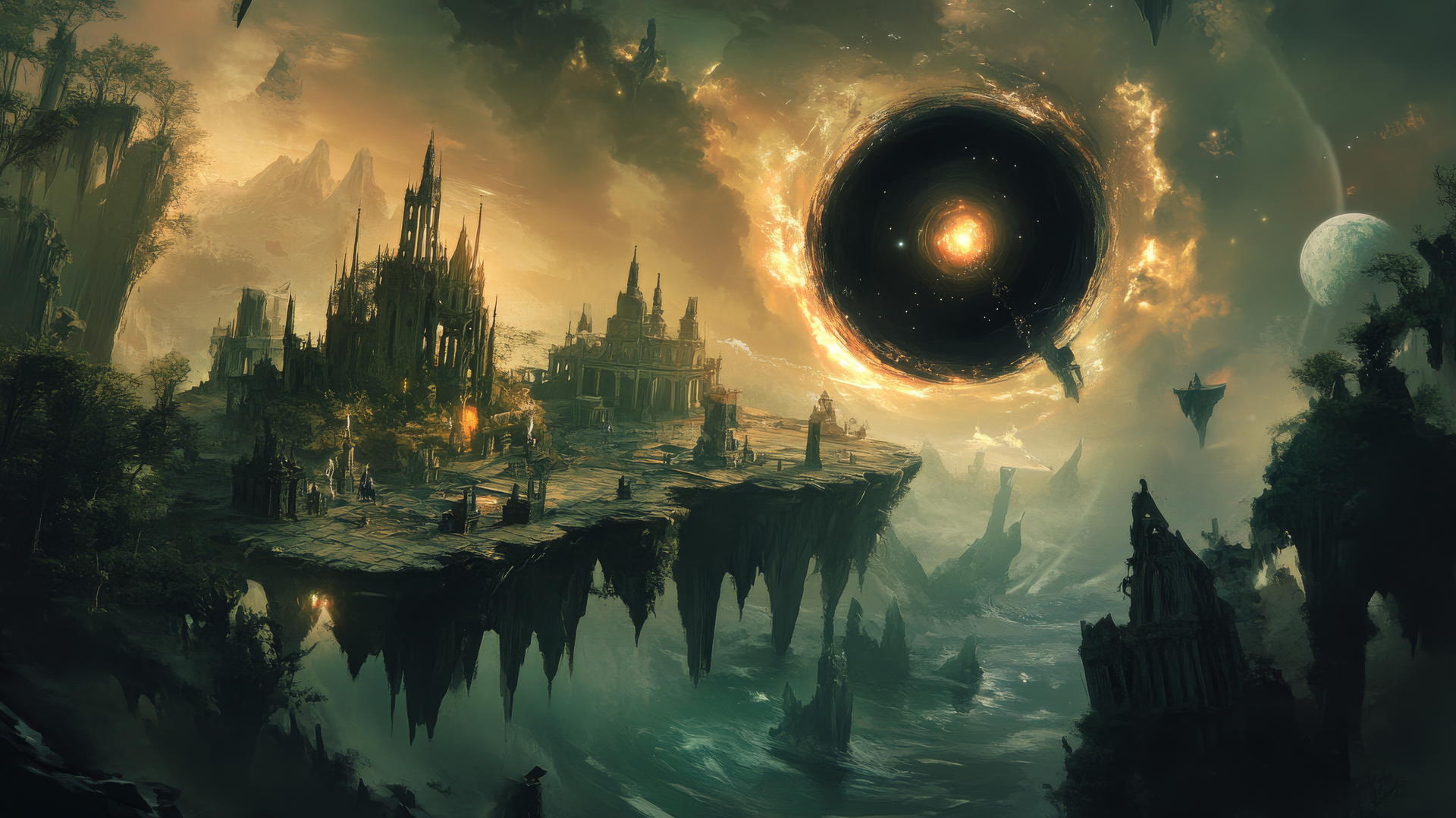 Fantasy black hole wallpaper with floating islands, glowing crystals, ancient ruins