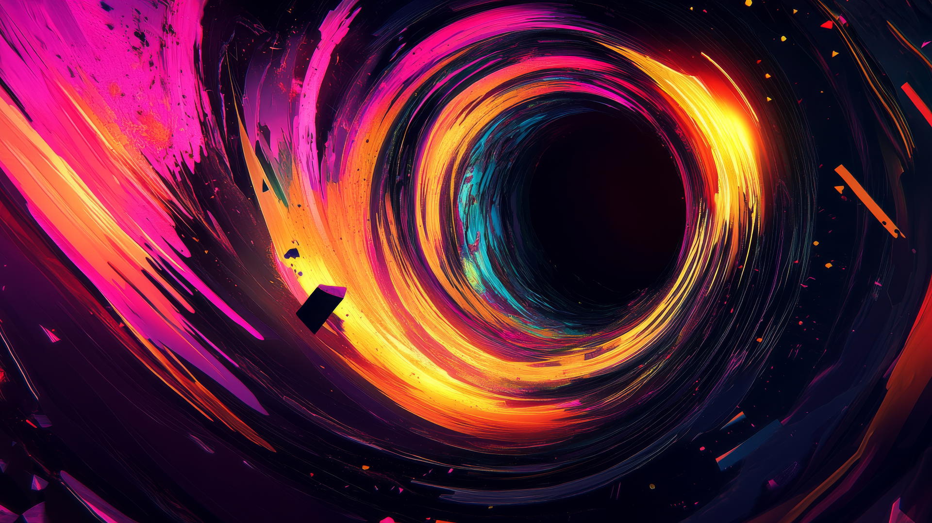 black hole wallpaper with geometric shapes and neon lights, colors warping