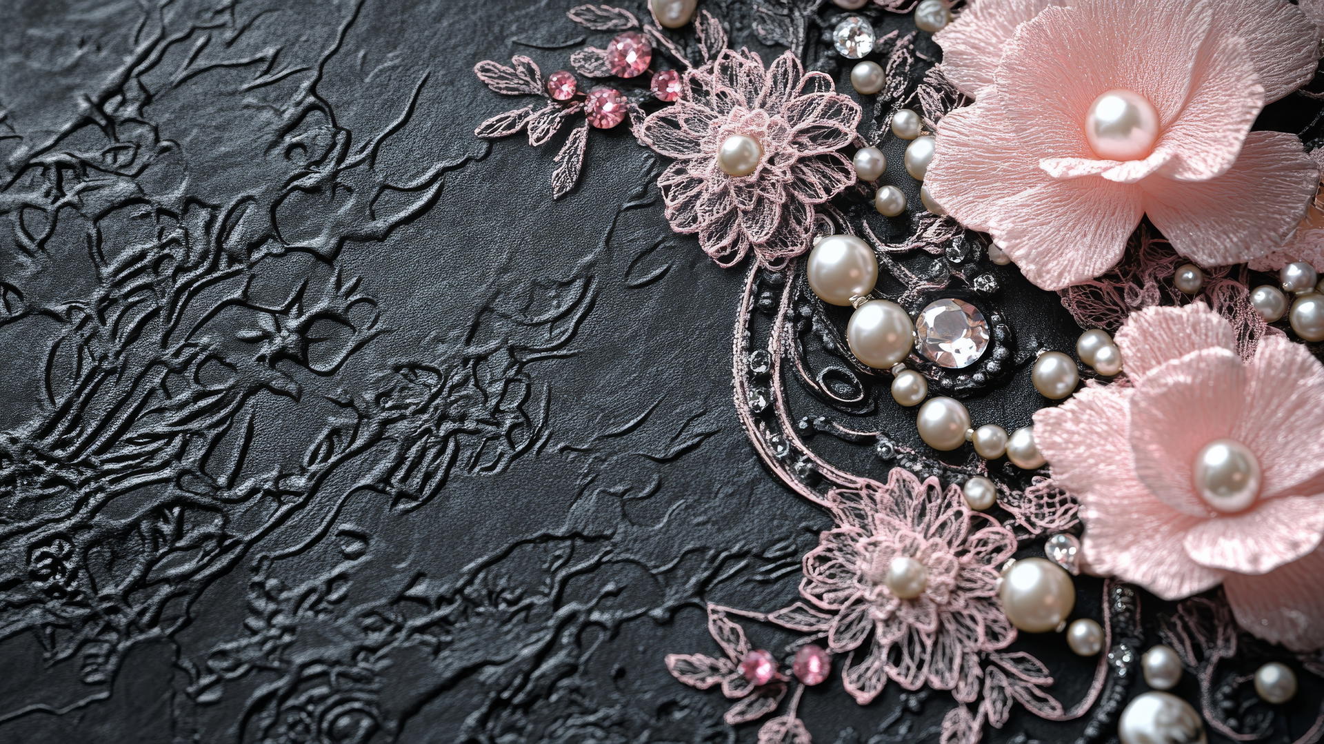 black wallpaper for girls with intricate pink lace, pearls, and gems