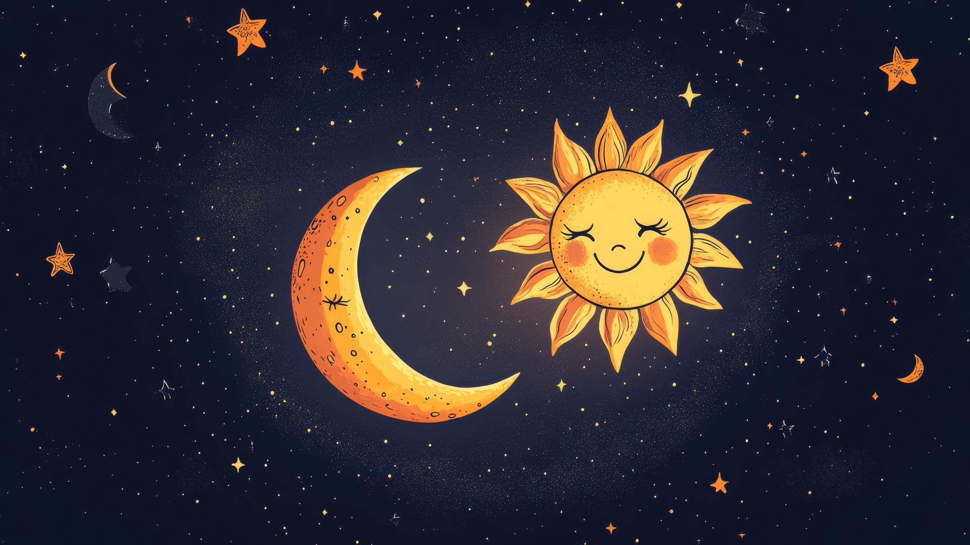 black cute wallpaper with small smiling sun and moon sharing the sky, surrounded by tiny stars