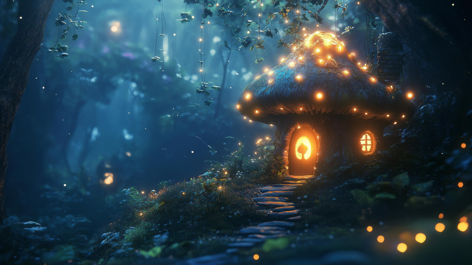 black cute wallpaper with a tiny glowing mushroom house in an enchanted forest