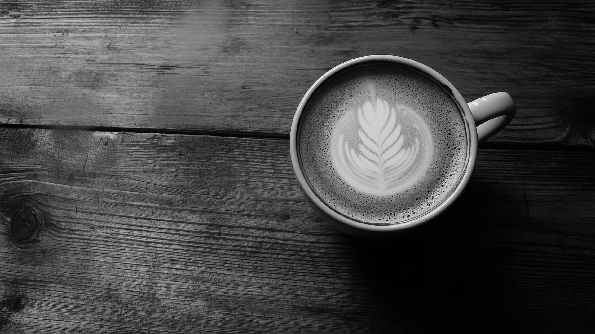 Overhead view of steaming coffee with latte art on rustic wooden table, black and white aesthetic wallpaper