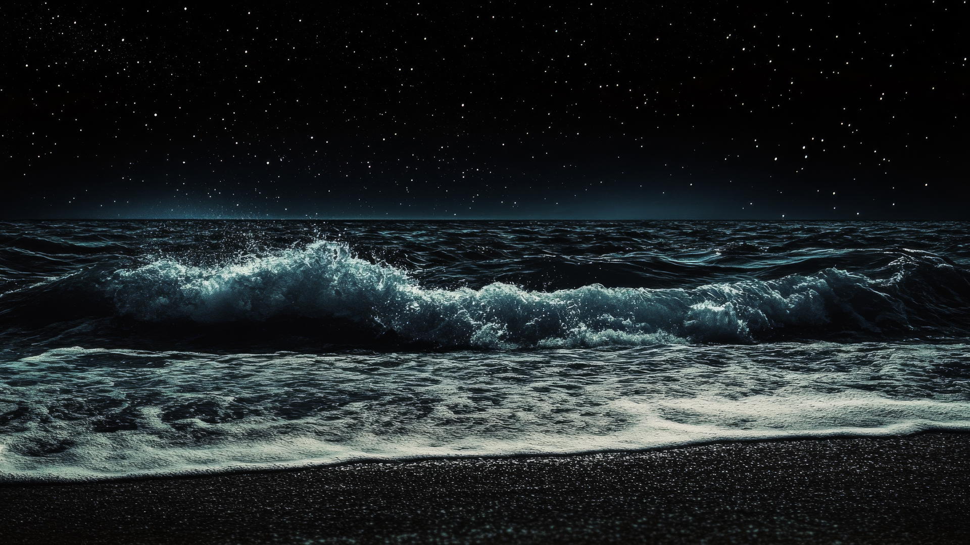 aesthetic wallpaper black, night-time ocean with waves on dark shore under black sky