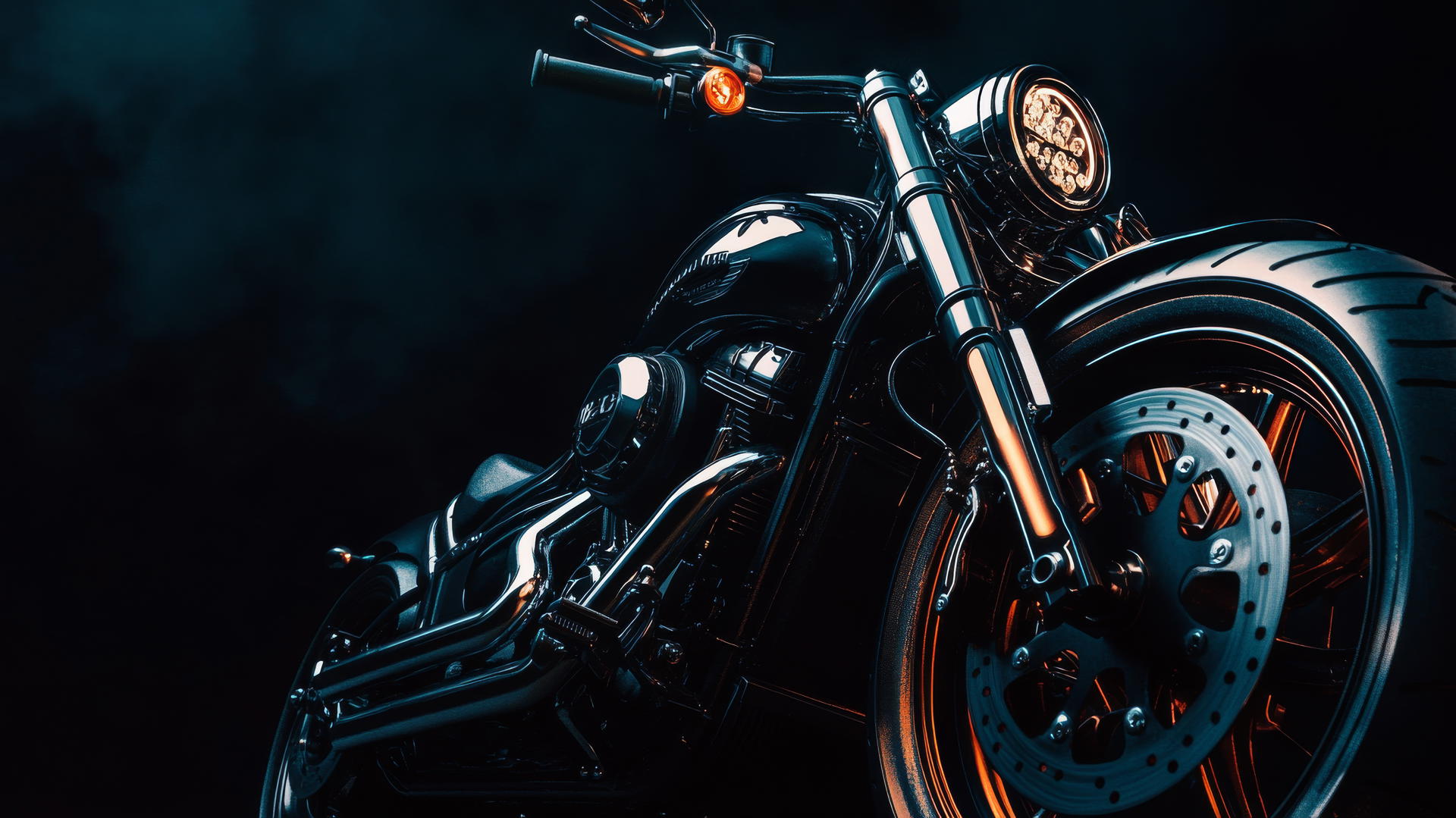 aesthetic black wallpaper of a black motorcycle with chrome accents on dark background