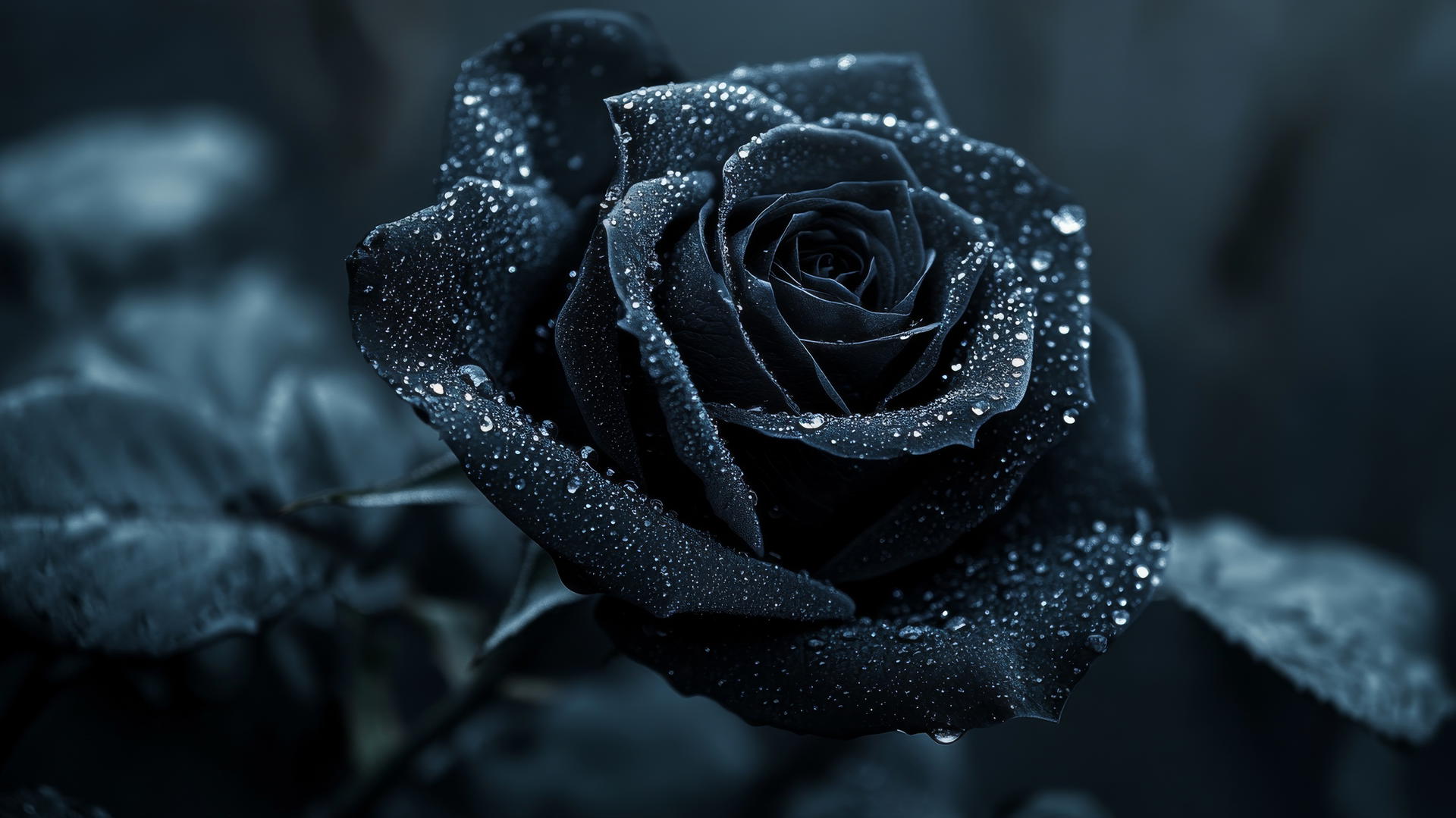 Black aesthetic wallpaper with black rose and dewdrops in moonlight