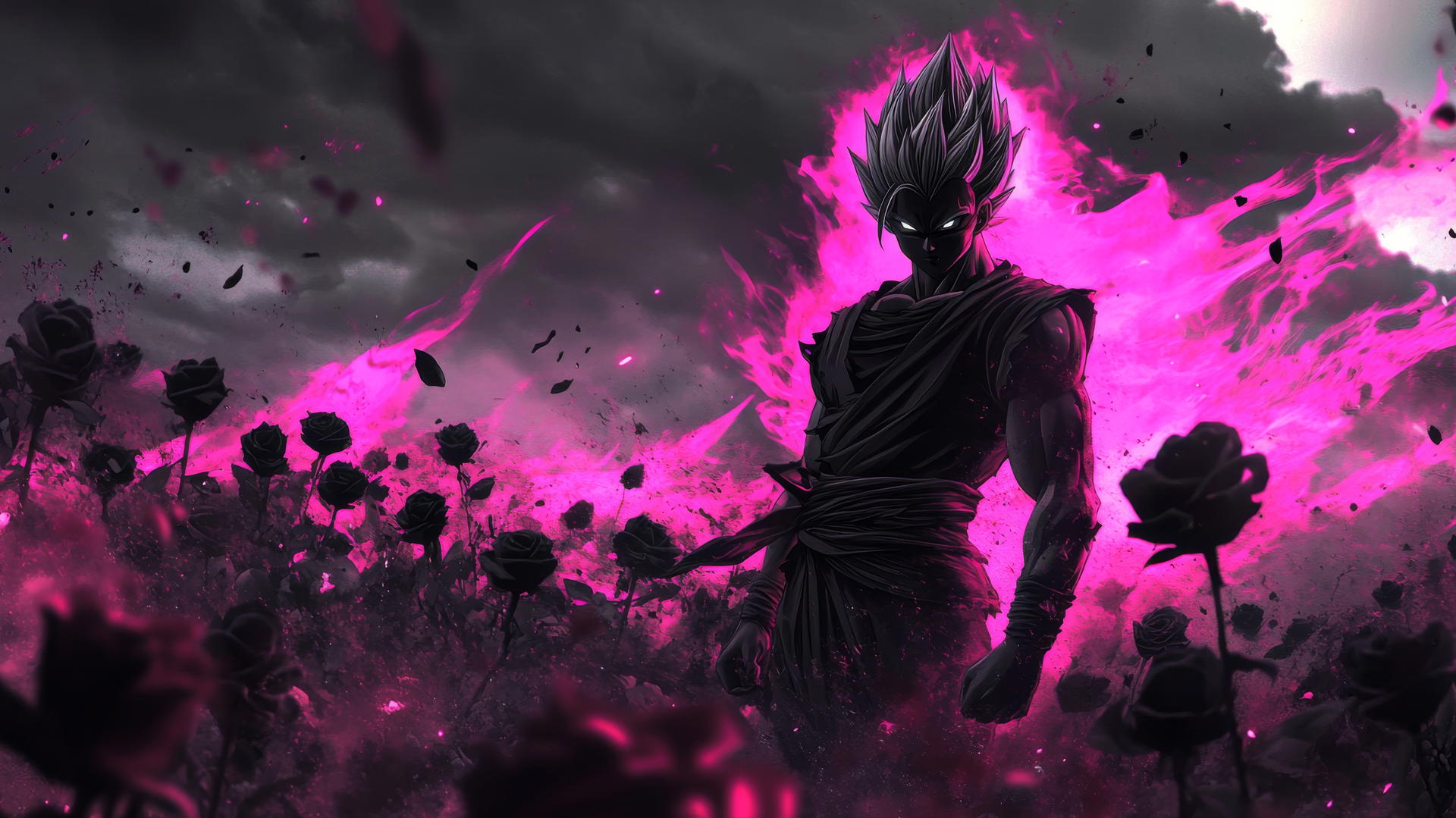 black goku wallpaper 4k, Black Goku with Super Saiyan Rosé aura in a field of black roses
